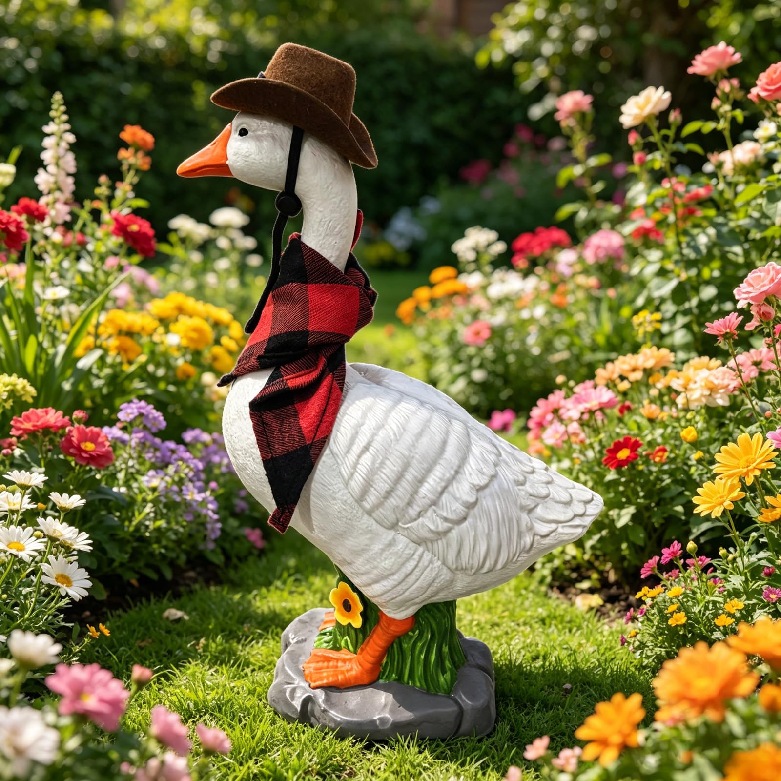 ZoraYorce Resin Large Porch Goose Statue Stone Base Sand Fillable Lifelike Wild Goose Garden Statue with Removable Cowboy Hat Headscarf for Yard Patio Porch Outdoor Home Decor