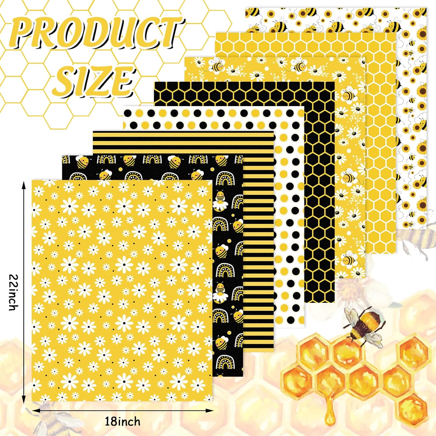 Whaline 8Pcs Summer Cotton Fabric Bundles 18 x 22 Inch Bee Daisy Boho Fat Quarters Summer Quilting Patchwork Squares Bee Theme Sewing Fabrics for DIY Handmade Crafting Home Party Decor