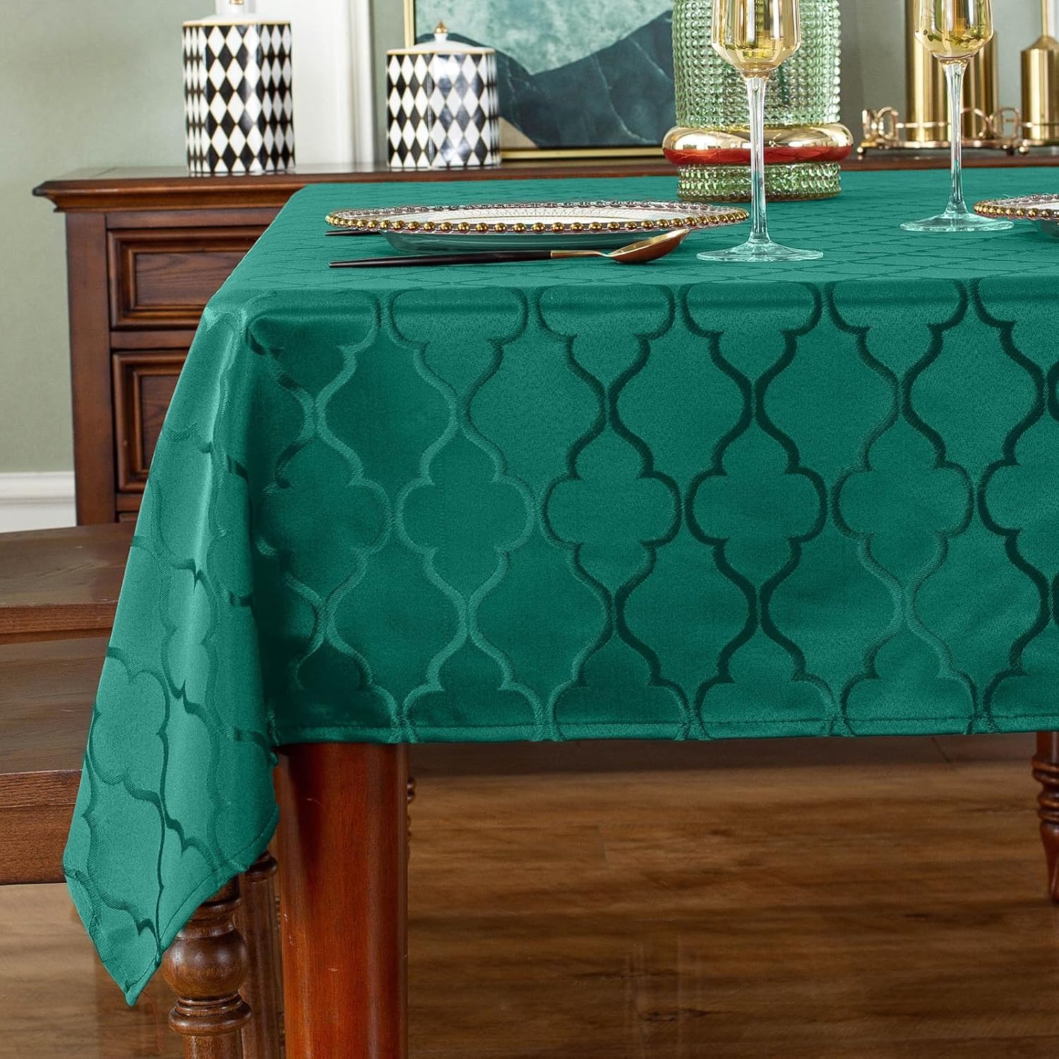 Tovaglia natalizia in tessuto jacquard con fiori, a prova di perdite, polvere e pieghe, in poliestere, per Natale e vacanze invernali (rettangolare/oblunga, 152 x 305 cm (10-12 posti), verde)