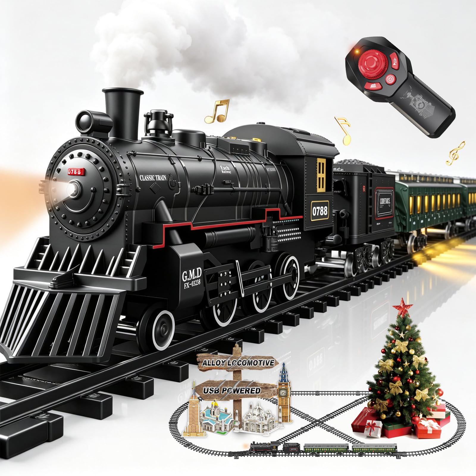 Electric Train Sets Remote Control for Kids Metal Alloy Christmas Train Toys Steam Locomotive Glowing Passenger Carriages Luxury Tracks Light &amp; Sounds Rechargeable Birthday Gifts for Boys Girls Green