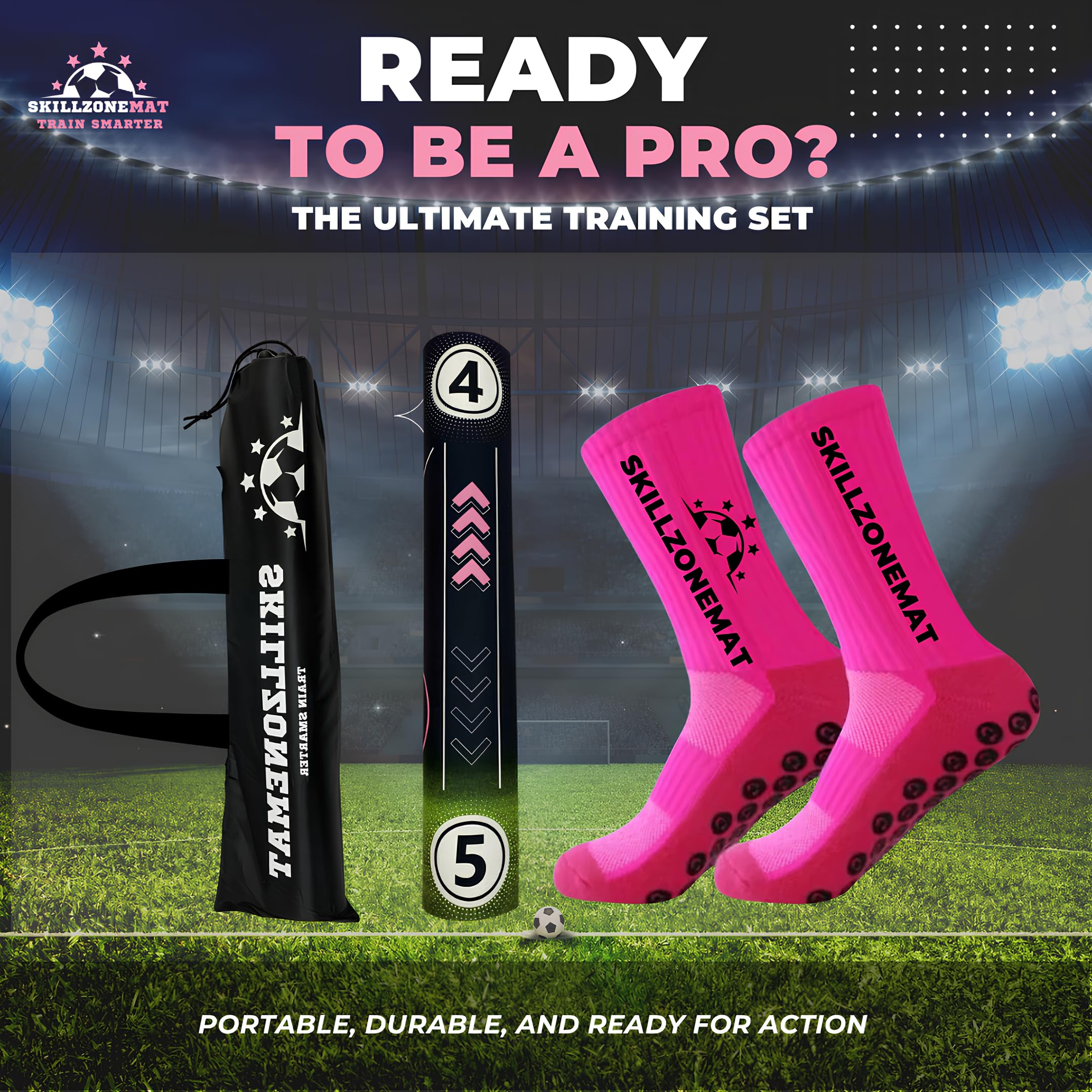 SkillZone Soccer Training Mat - Complete Set with Video Hub | Includes Grip Socks & Carry Bag | Non-Slip, Ultra-Thick & Wide for Agility, Ball Control & Mastery | Indoor & Outdoor Soccer Trainer for All Ages