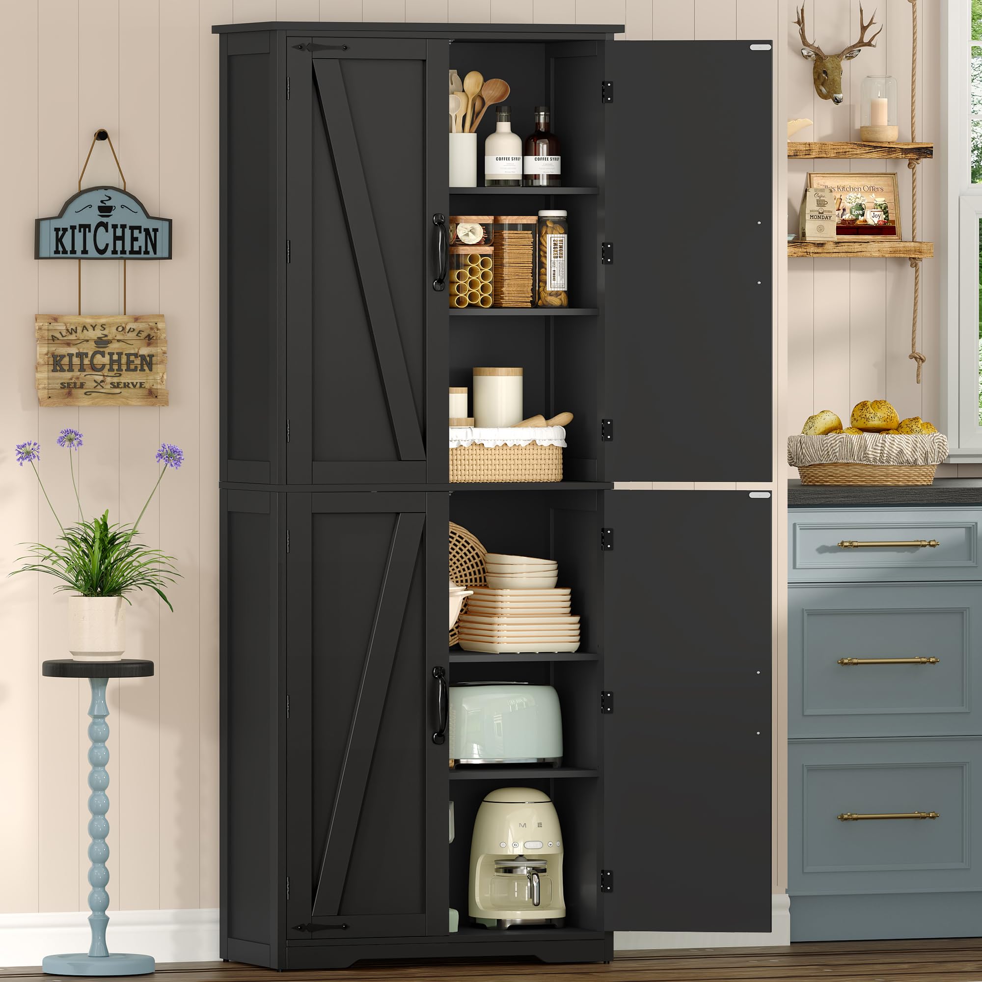 Tall Pantry Cabinet with 4 Doors &amp; 2 Adjustable Shelves, Kitchen Cabinet