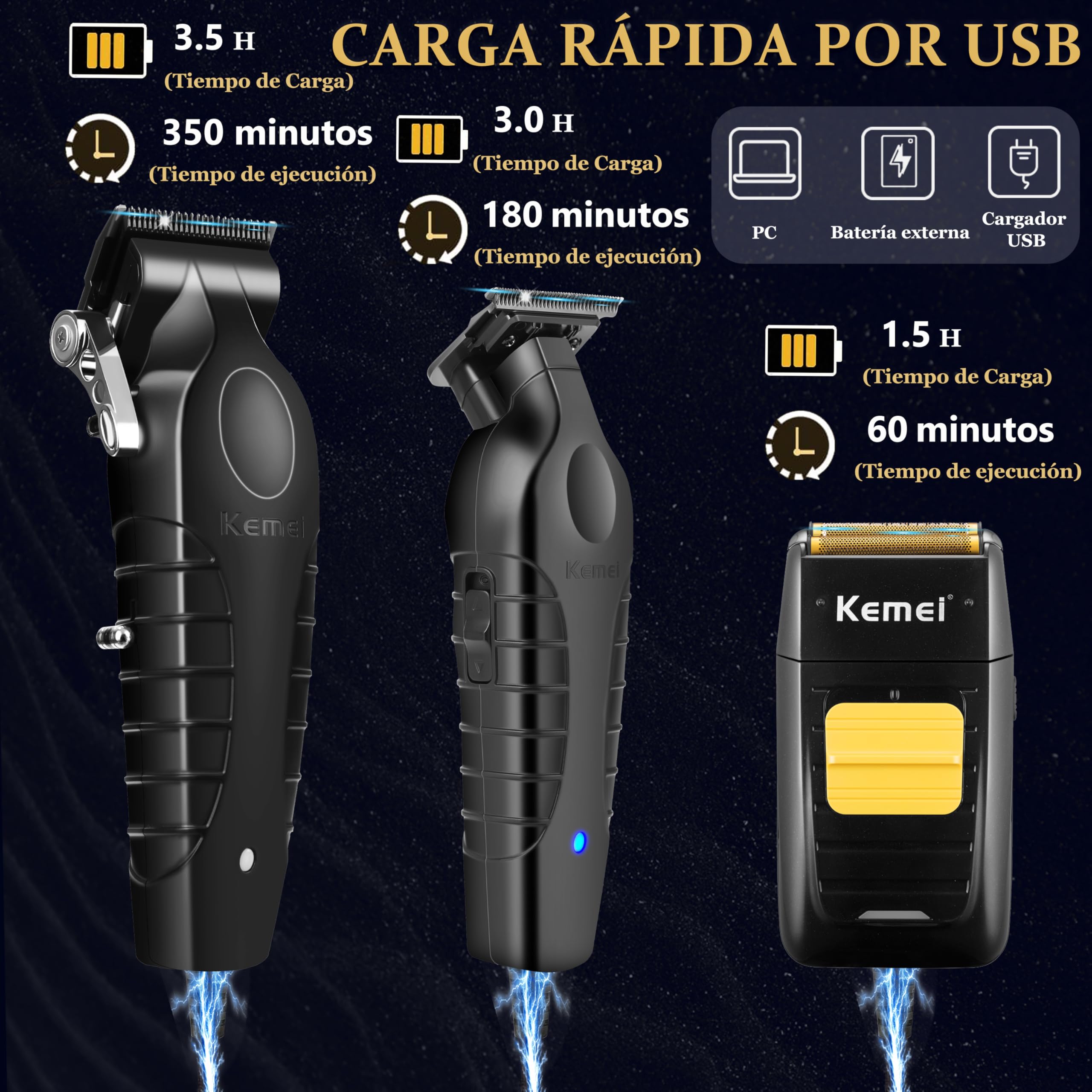 KEMEI Juego de Maquina de Cortar Pelo Hombre y Afeitadora Electrica Hombre con cabezales de repuesto, Trimmer con Hoja en T, 11 Peines Guía, KM-PG2299, KM-2296, KM-1102
