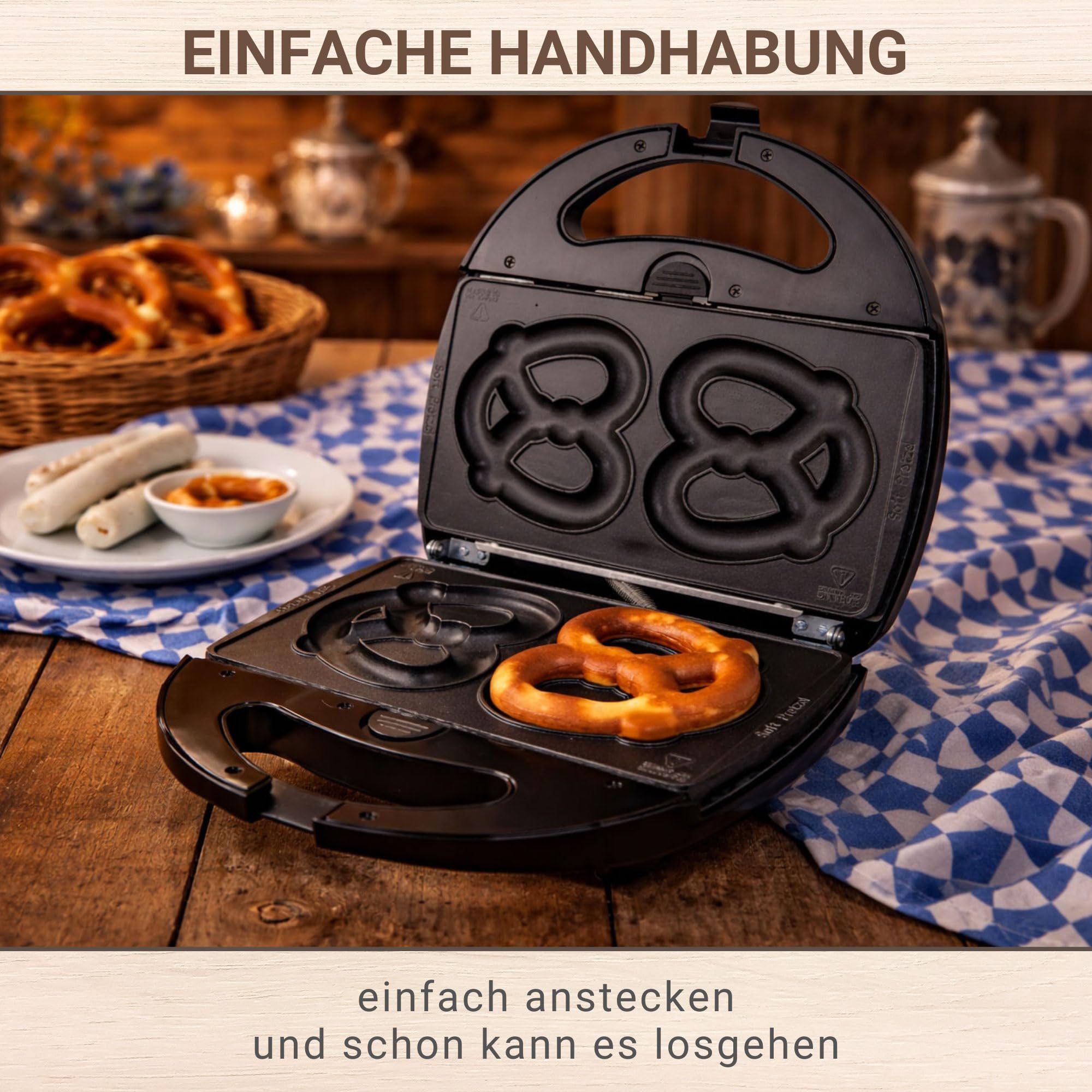 Syntrox Germany SM-1300W-Soft-Brezel Maker mit antihaftbeschichteten Wechselplatten für 2 große Brezeln