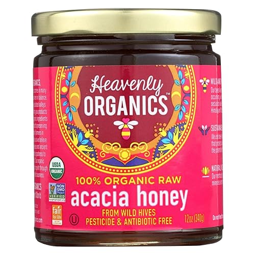 Miniatura 1 de Heavenly Organics Miel de acacia cruda 100% orgánica, paquete de 6 unidades, tamaño 12 onzastarro ligeramente filtrado para preservar vitaminas,