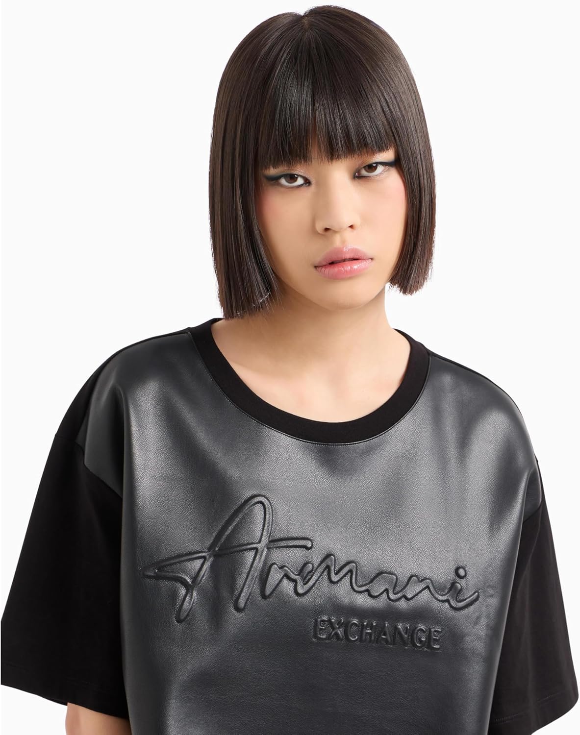 Armani Exchange Womens Cropped Leather Look Embossed Logo Tee - Image 5