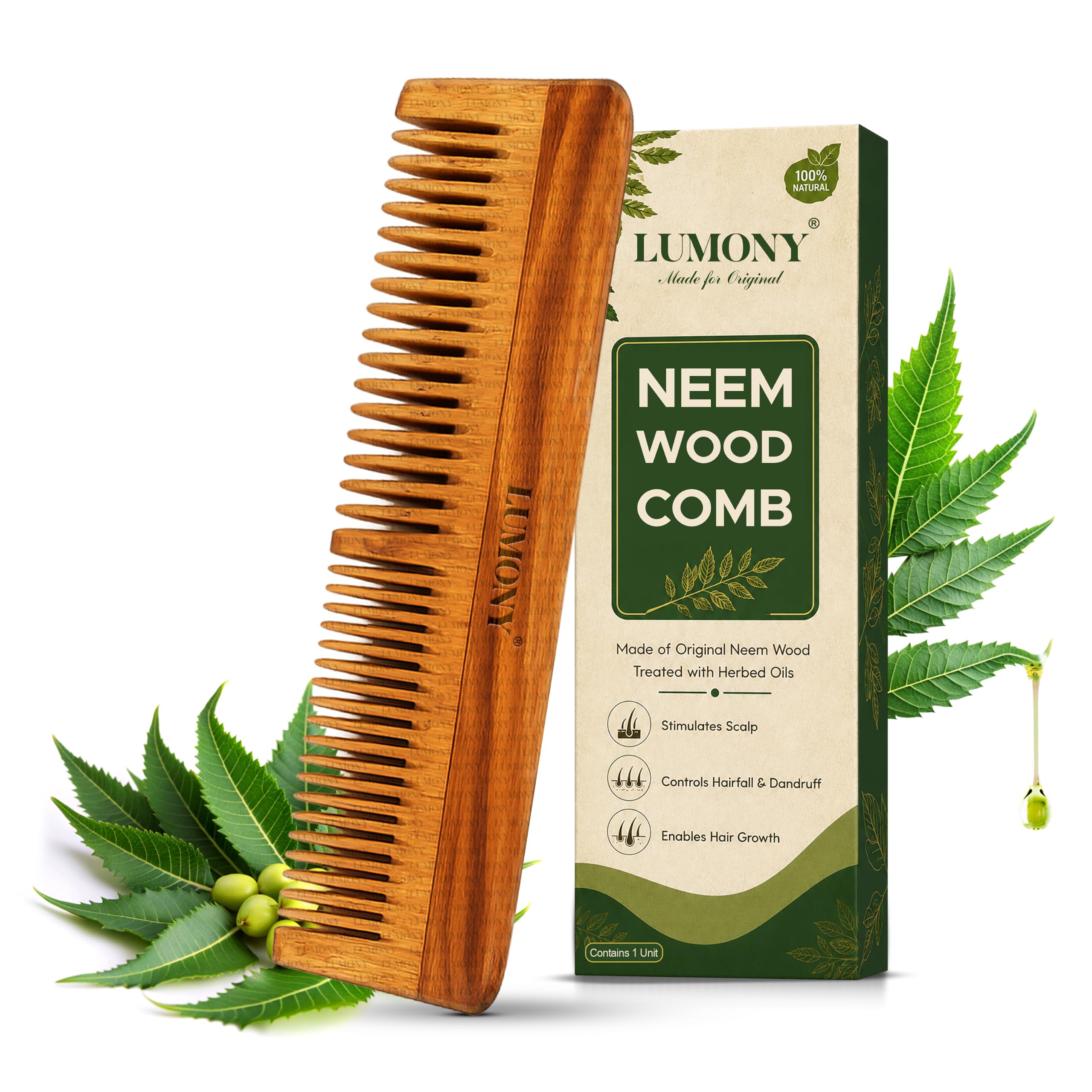 LUMONY® Neem Wooden Comb | Soaked In 17 Ayurvedic Herbs Neem & Sesame Oil For Multi-Actions - | Anti-Hair Fall, Dandruff | Frizz Control & Shine Suited For All Hair Types Men & Women (Dual Tooth)-picture-25