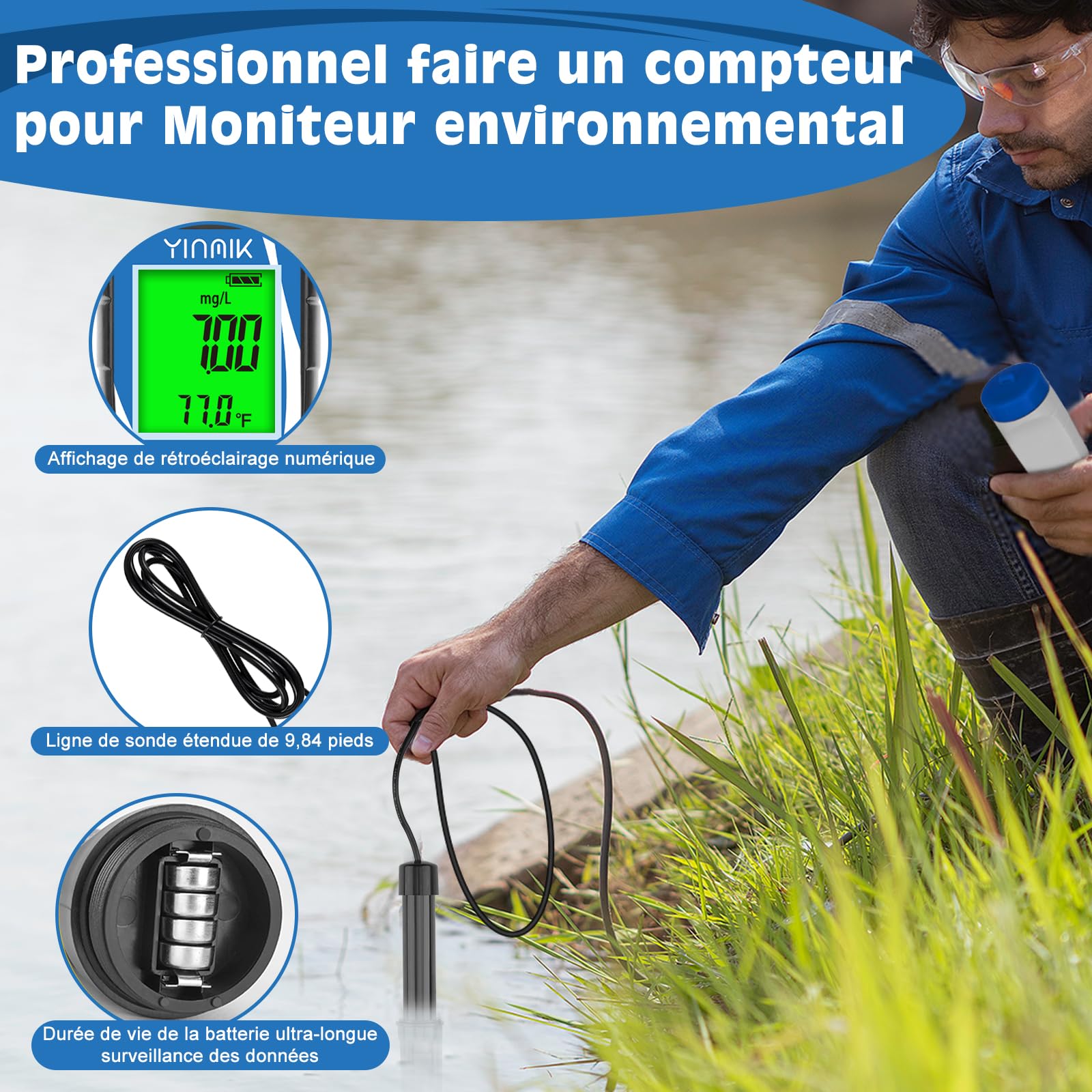 YINMIK Compteur D'oxygène Dissous Intelligent, Testeur D'oxygène Dissous Du Acuario,Medidor Portátil de Oxígeno Disuelto avec Électrode de 9,84 Pieds para hidroponía o estanques