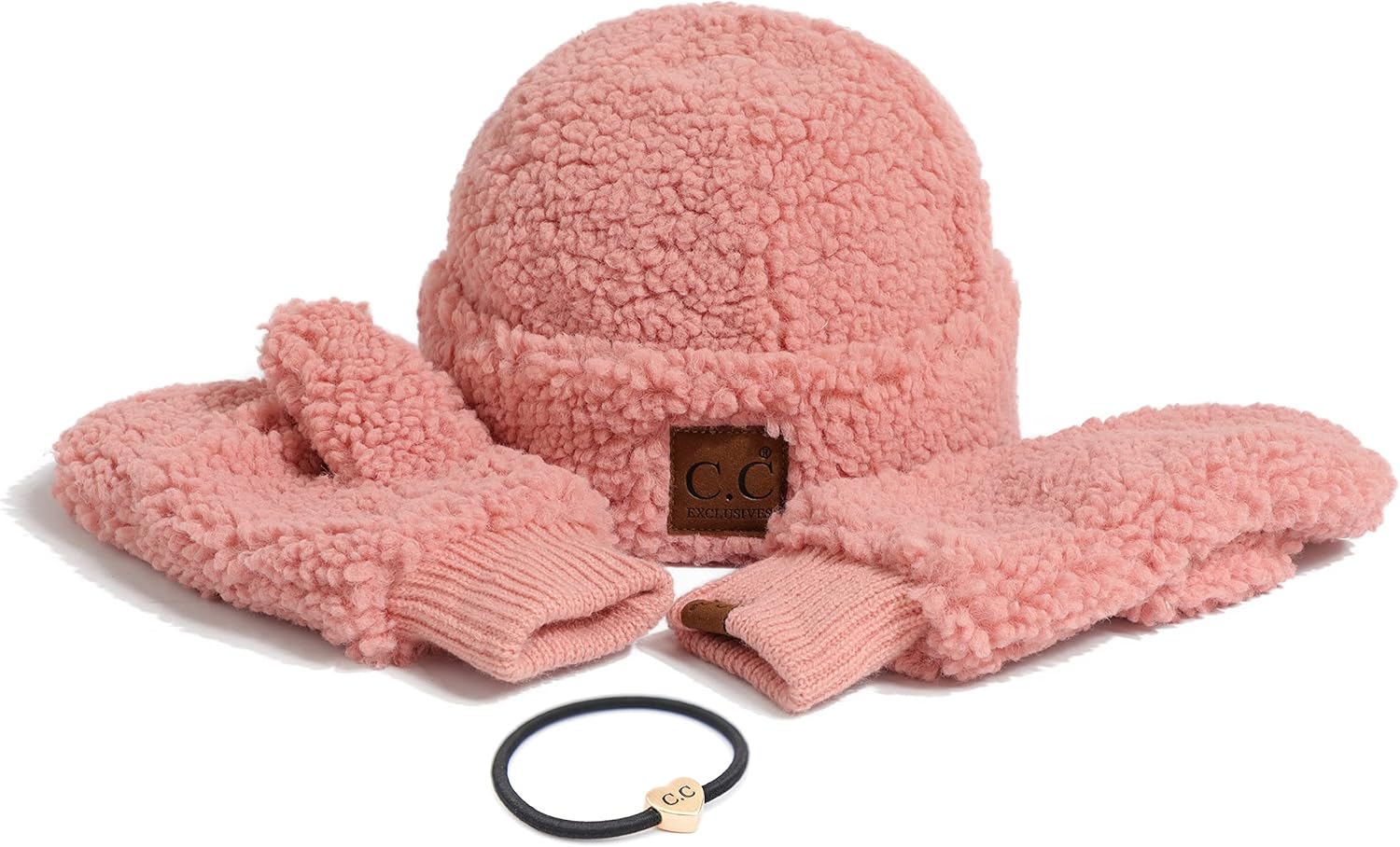 C.C Sherpa Cuff Beanie Hat Suede Logo and Sherpa Mitten Gloves (HAT-008,MT-008)