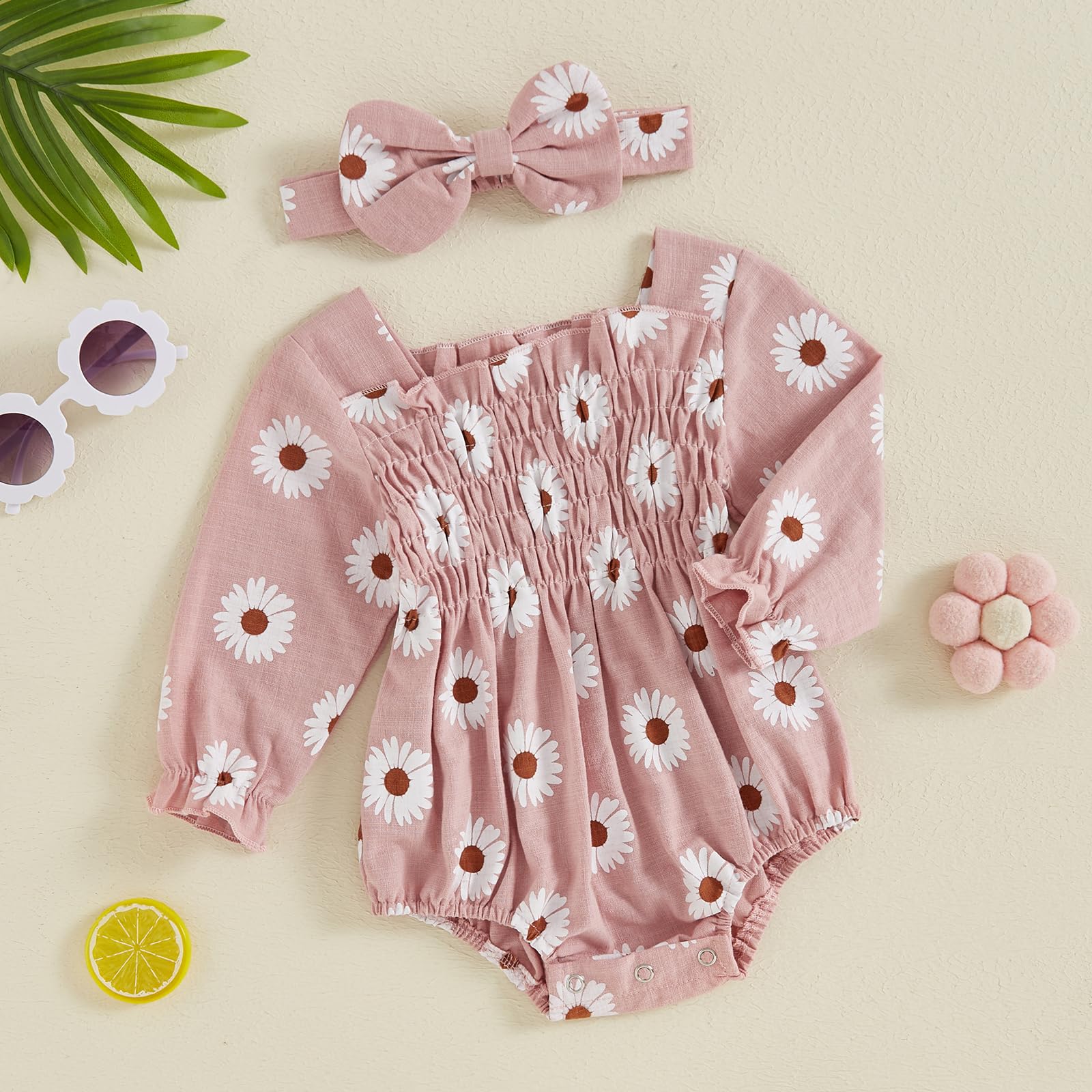 Ursobutegl Newborn Baby Girls Daisy Romper Long Sleeve Pleated Smocked Bubble Ruched Jumpsuit Bodysuit Fall Winter Clothes (Pink, 0-3 Months)