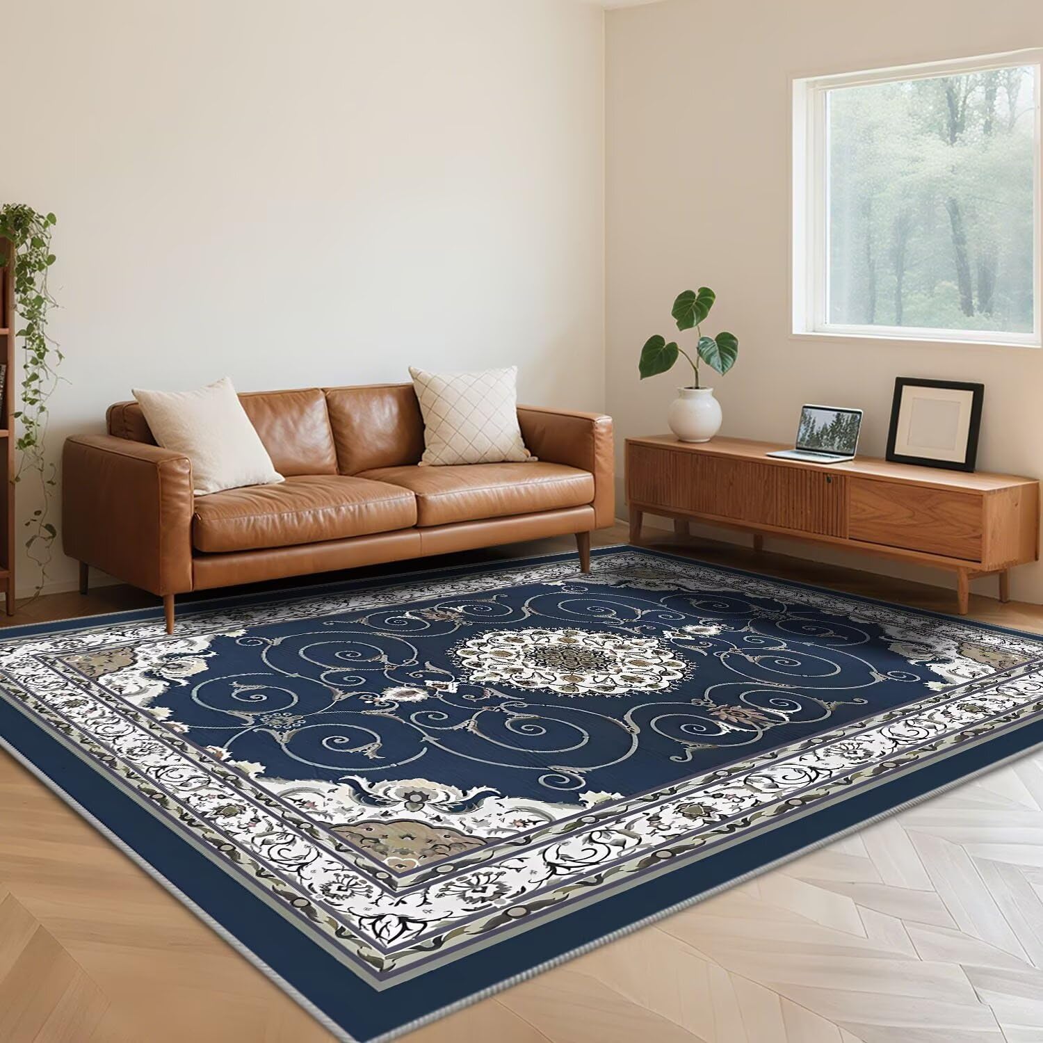 Tapis salon bleu marine 130x190 cm antidérapant poils courts et lavable chambre