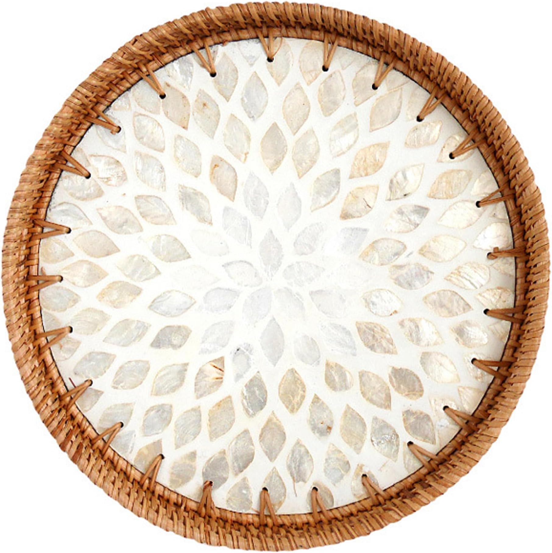 Round Wicker Tray, 12" Rustic Wicker Serving Tray, Decorative for Storage & Display, Coffee Table with Mother of Pearl Inlay, Serving for Coffee Bread Food Fruit Round Tra