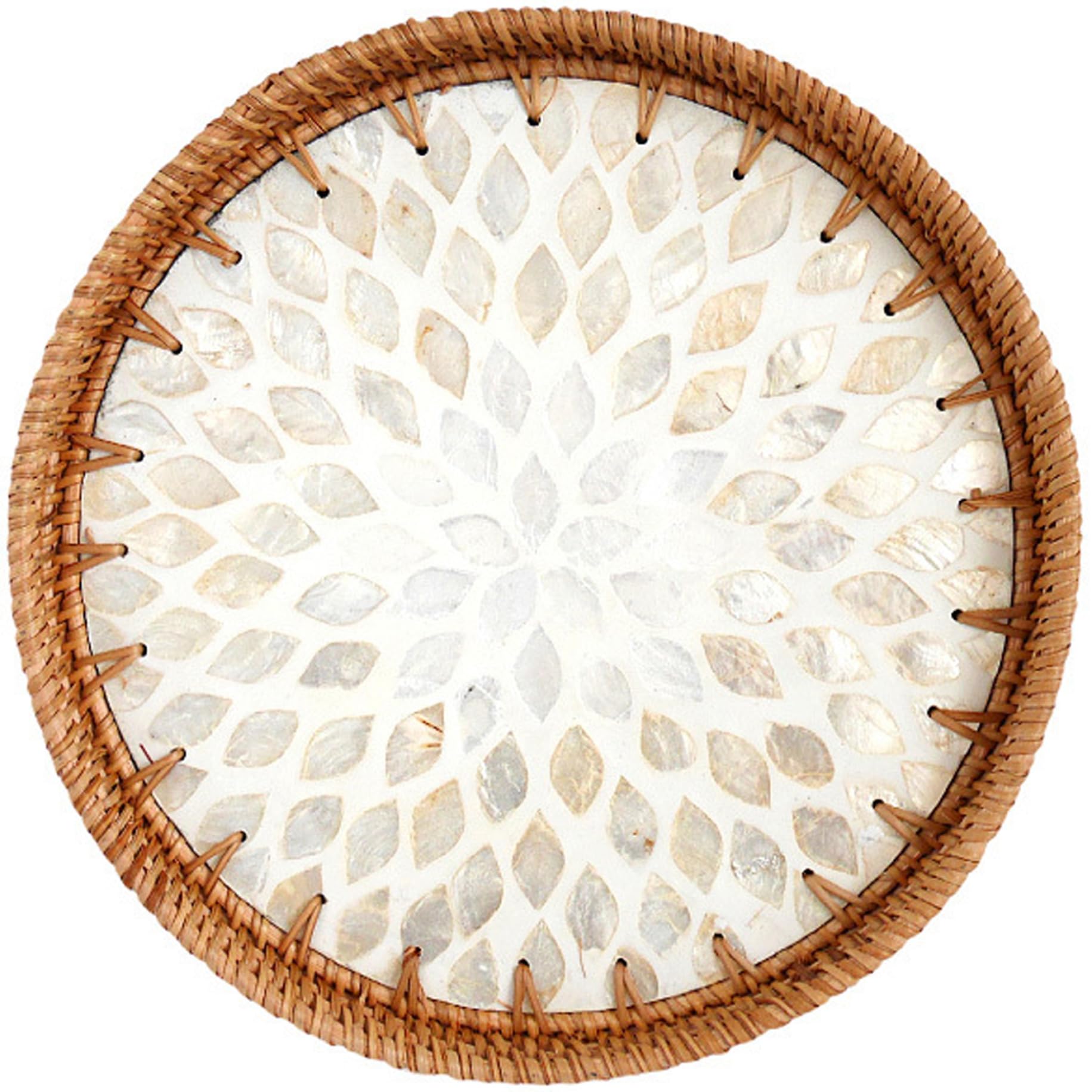 Round Wicker Tray, 12" Rustic Wicker Serving Tray, Decorative for Storage & Display, Coffee Table with Mother of Pearl Inlay, Serving for Coffee Bread Food Fruit Round Tra