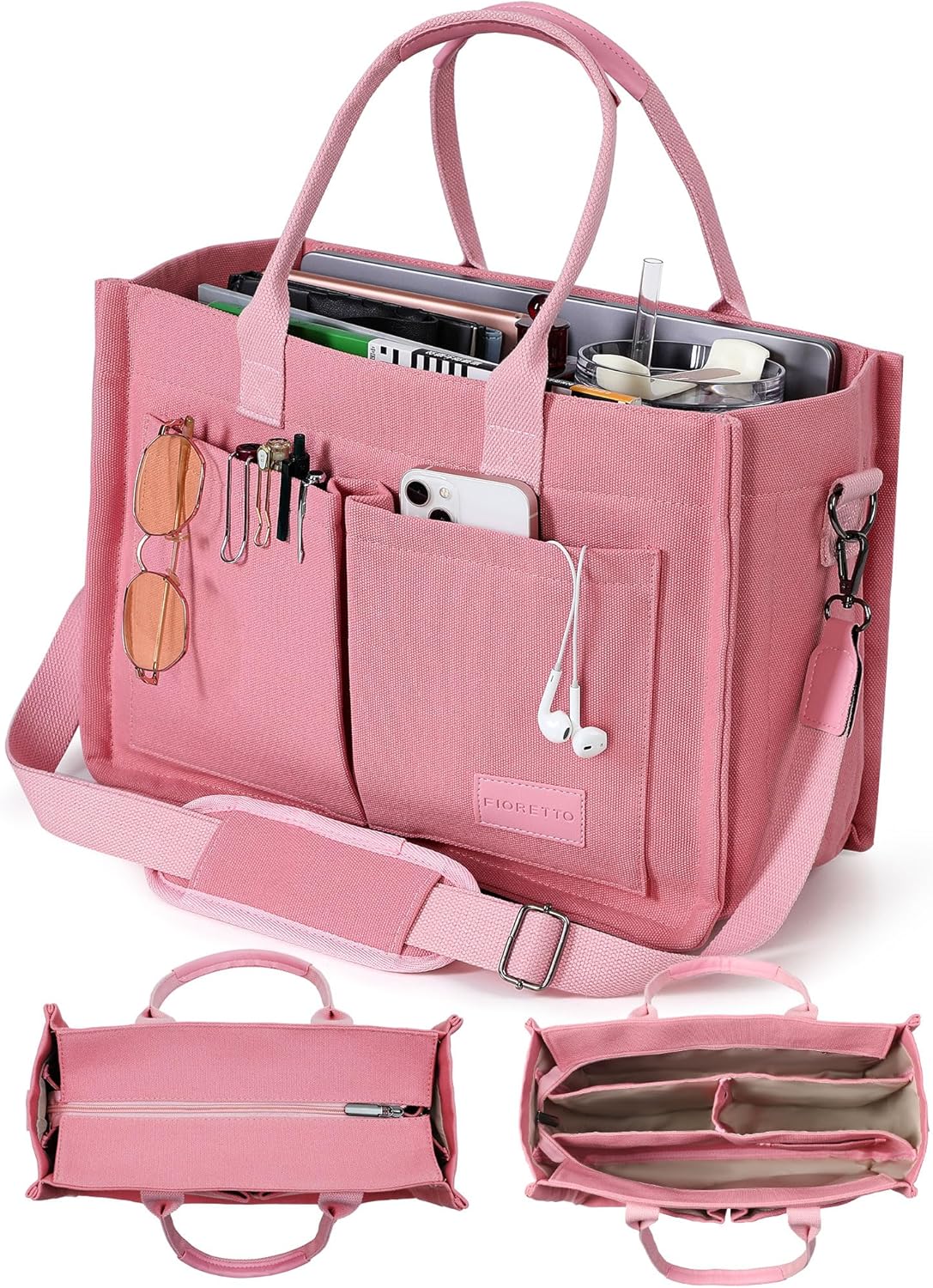 FIORETTO Canvas Tote Bag for Women with Zipper Closure & Individual Compartments for Work College for Teacher & Nurse