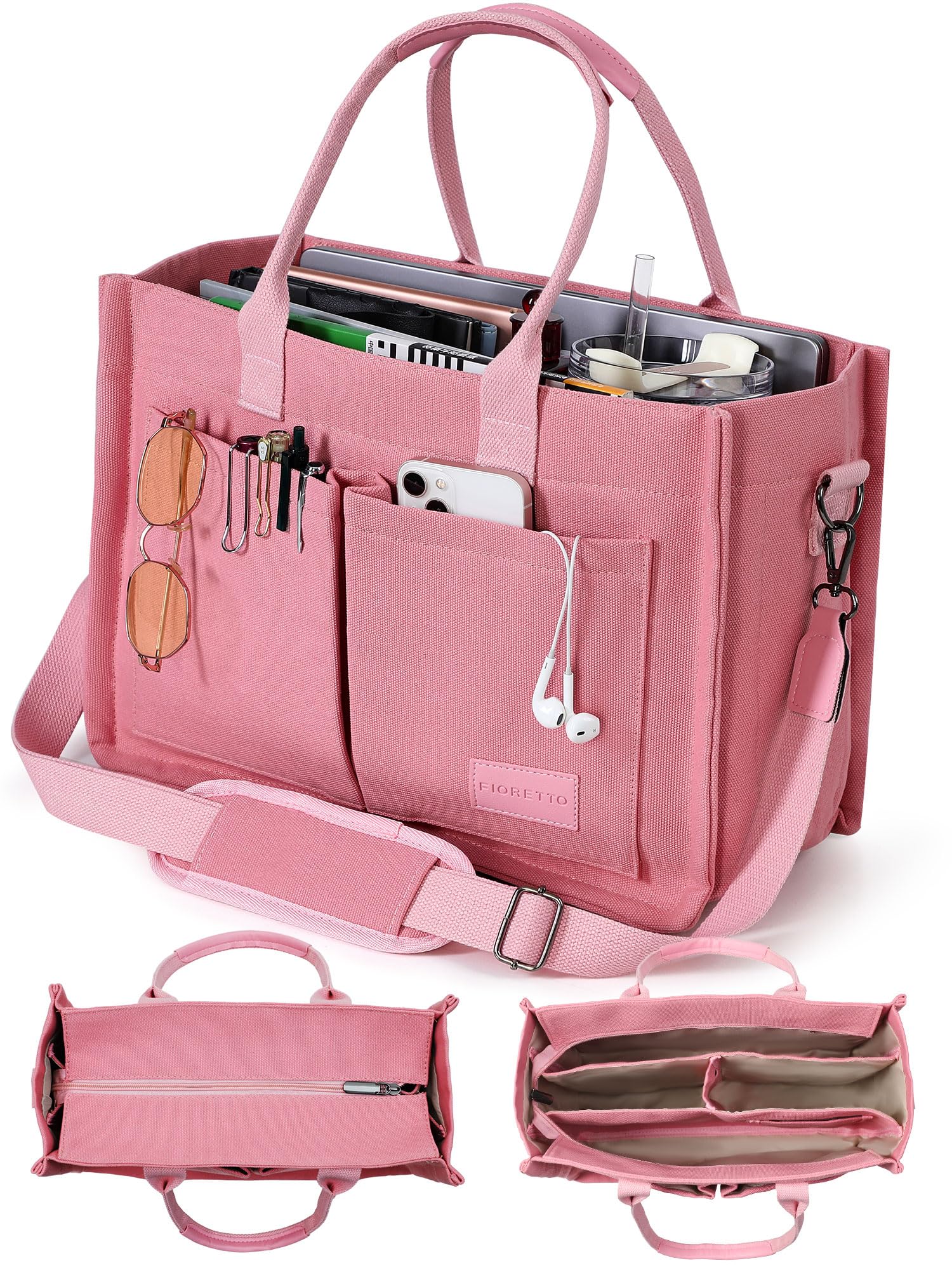 FIORETTO Canvas Tote Bag for Women with Zipper Closure & Individual Compartments for Work College for Teacher & Nurse