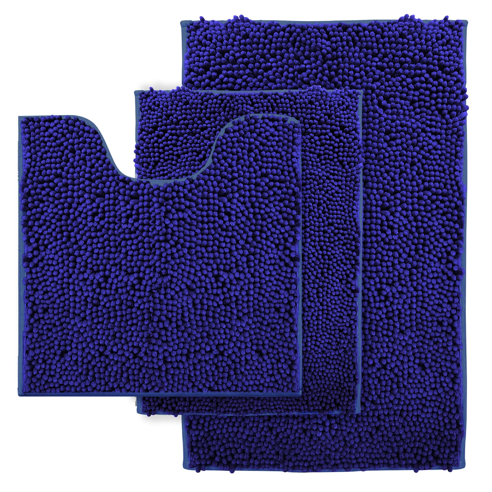 Chenille Bathroom Rug Set - 3-Piece Extra Soft & Absorbent Shag, Machine Washable Mats, Non-Slip PVC Underside, Plush Carpet Mats (Royal Blue)