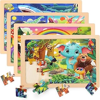 4 Packs 24 PCs Wooden Puzzles for Kids Ages 3-5, Montessori Toddler Jigsaw Puzzles, Preschool Educational Toys Gifts for Children Ages 4-8, Puzzles Boards Toys Gifts for 3 4 5 6 7 8 9 Boys Girls