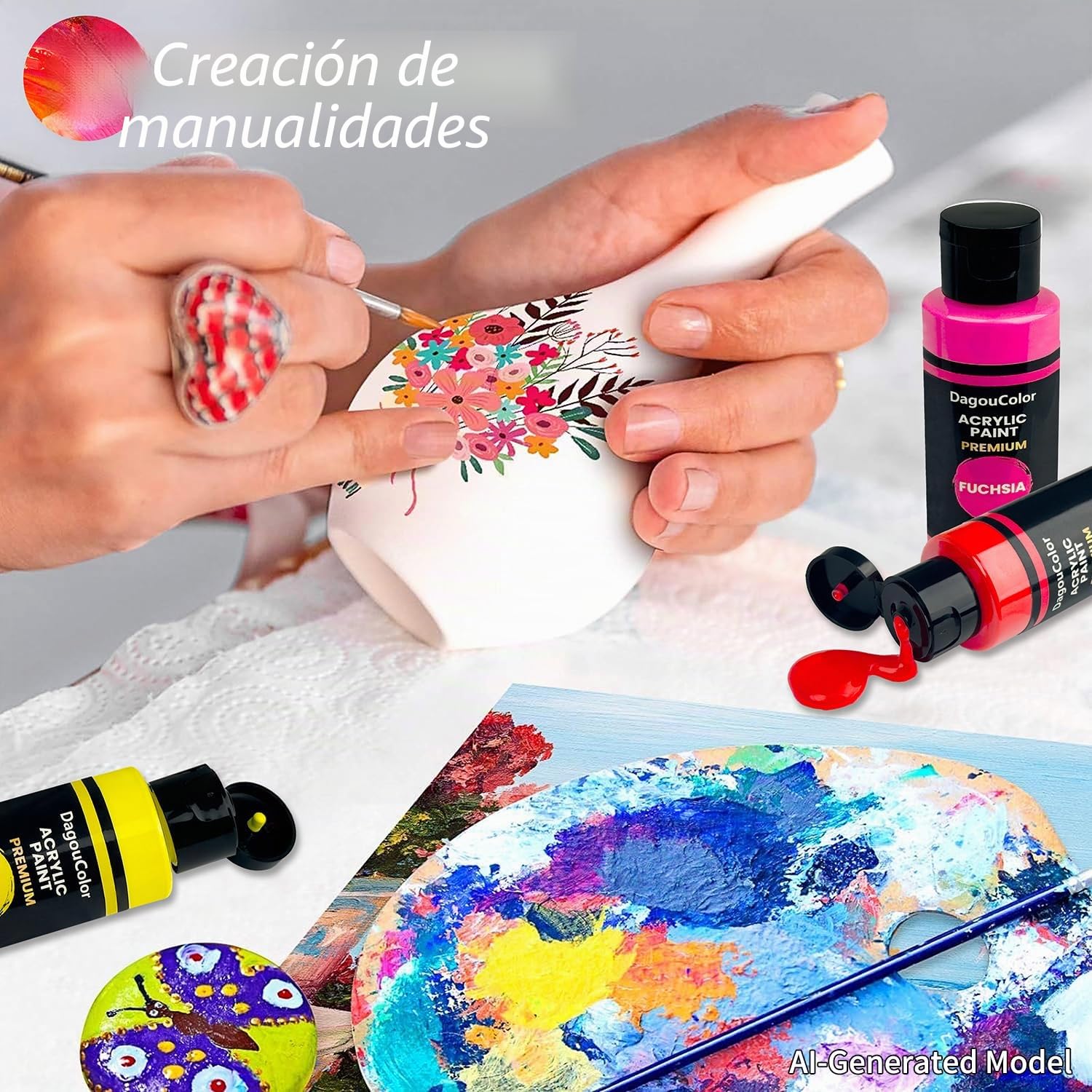 61 PCS Pintura Acrílica - 48 Colores Acrílico (60ml) con 12 Pinceles y 1 Paleta, Regalos de Arte para tela Lienzo, Piedra, Acrilicos para Pintar para Artistas Principiantes