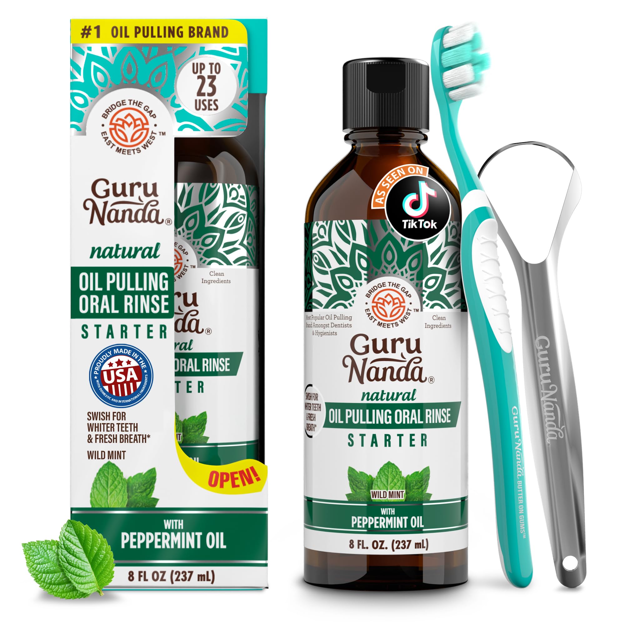 Oil Pulling (8 Fl.Oz) with Coconut & Peppermint Oil with Tongue Scraper Inside the Box - Natural, Alcohol Free Mouthwash to Help With Fresh Breath, Teeth Whitening and Healthier Teeth & Gums