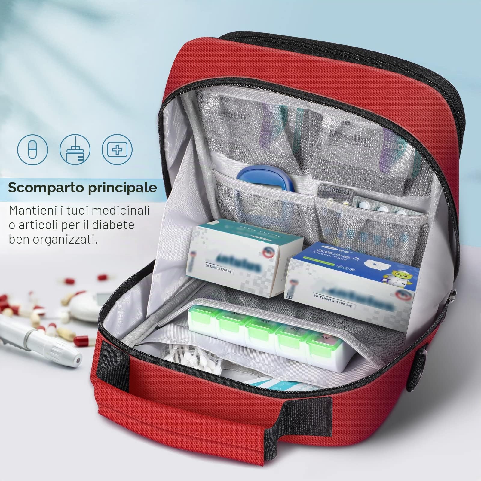 MEDMAX Borsa per Insulina da Trasporto, Isolata EpiPen Custodia da Viaggio con Tracolla, Portatile Diabete Organizer per Auvi-Q, Inalatore per Asma e Spray Nasale (Solo Borsa), Rosso