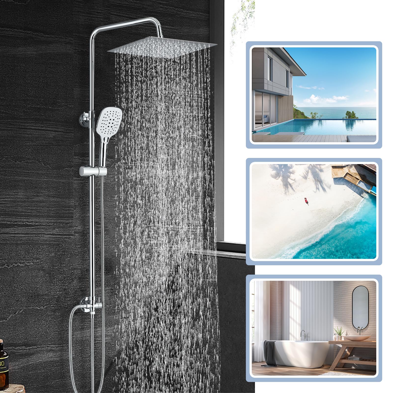 Colonne de Douche Sans Mitigeur,Colonne de Douche Chromé avec Tête de Douche Carré 30x30 CM Pour Baignoire Hauteur Réglable avec Pommeau de Douche en ABS