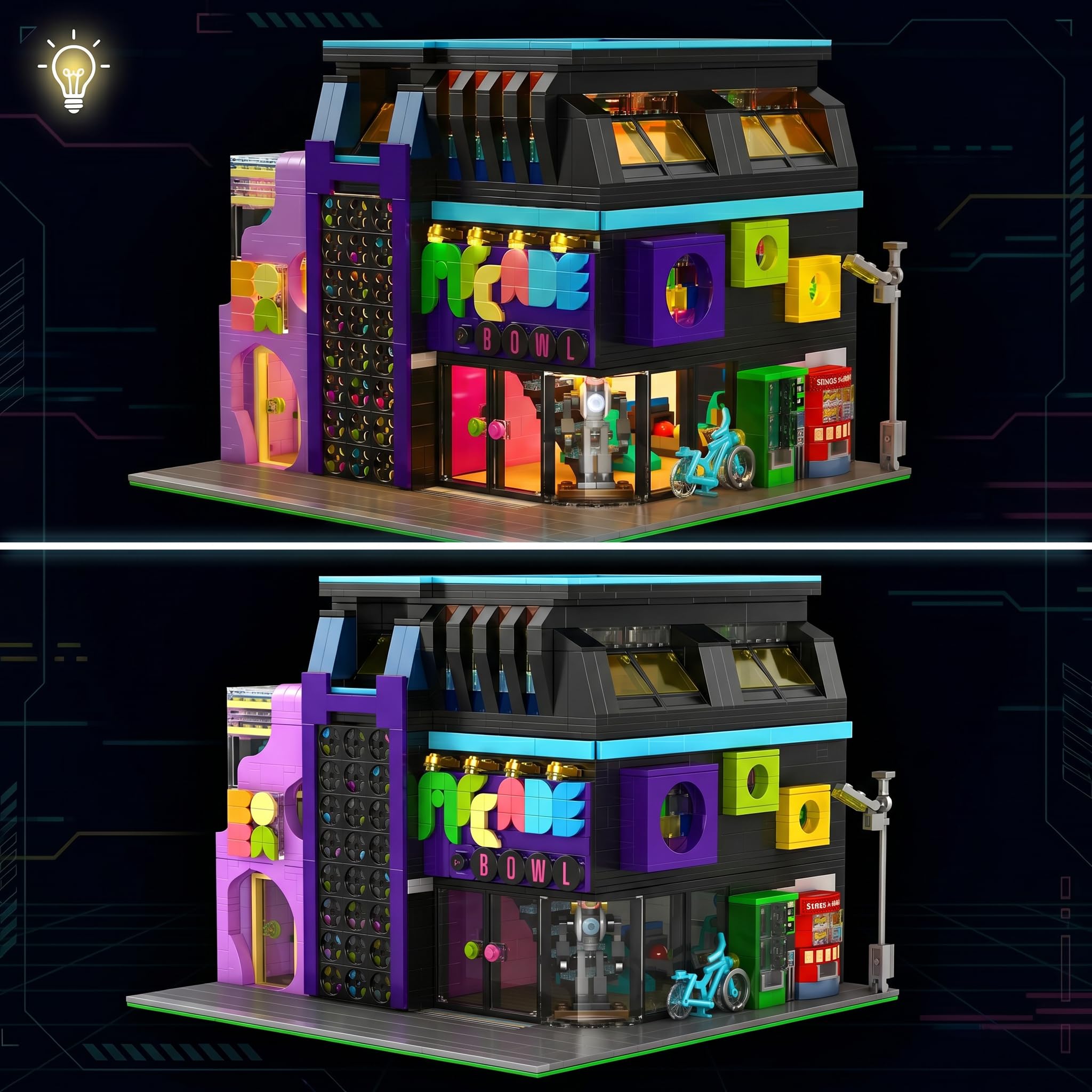 Klemmbausteine Cyberpunk Spielhalle, 2600 Teile | Retro Arcade Modular Building, Zukünftige Stadt Haus Bausatz für Erwachsene, Kompatibel mit Barweer BWR004