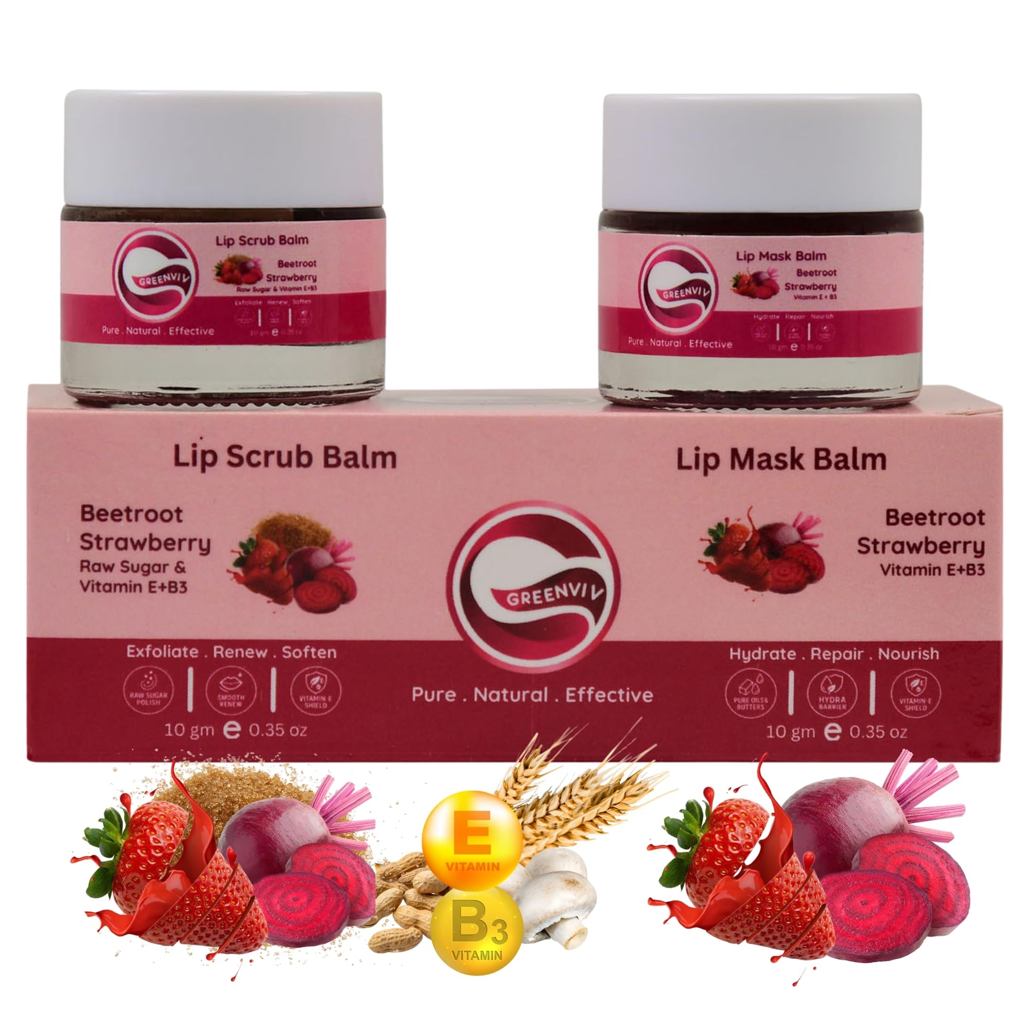 Greenviv Beetroot & Strawberry Lip Scrub + Lip Mask for Dark & Dry Lips, Exfoliates Dead Skin & Repairs Chapped Lips | 20 g, Pack of 2