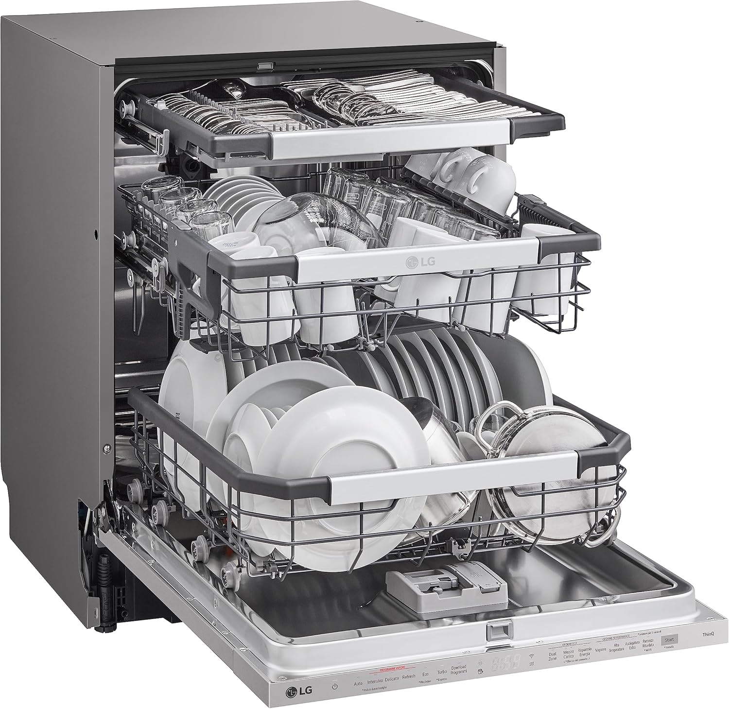 LG QuadWash DB365TXS Lavastoviglie da Incasso a Scomparsa Totale, Serie 3, Classe B, 14 coperti, 4 Bracci Irroratori, Vapore, Cerniere Sliding, Apertura Automatica, 3° Cestello, Wi-Fi, Acciaio