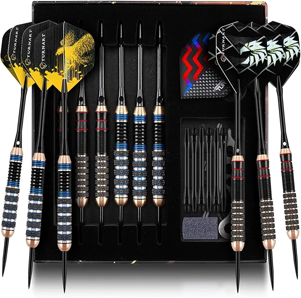 Turnart Darts Metal Tip Set - Professional Darts Brass Barrels Steel Tip Darts Darts Set 6 pcs 22/24 Grams 12 Aluminum Shafts 35/48 with Stylish Case (Blue)