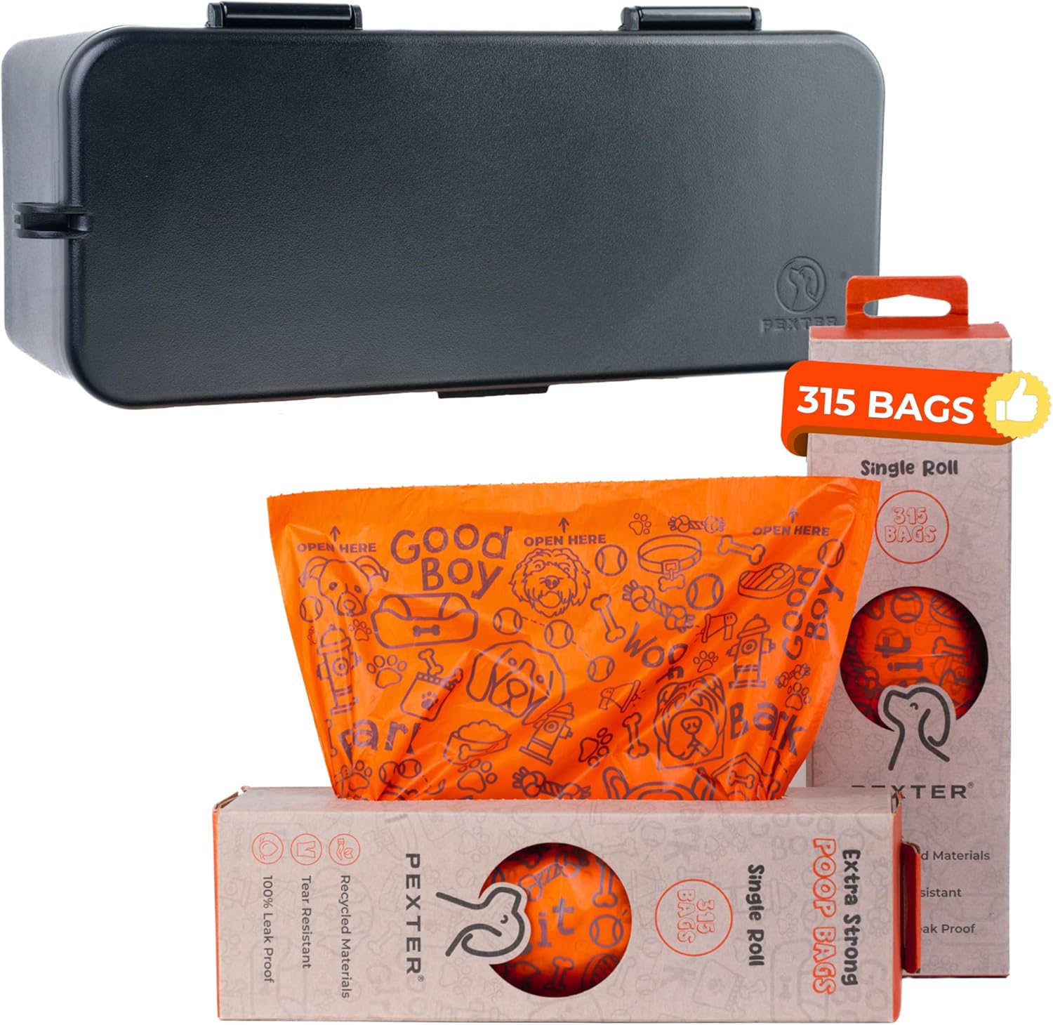 Large Poop Bag Dispenser - Outdoor or Indoor Pet Waste Bag Dispenser Station - Stick-On or Screw-On Wall Mount - Poop Bags Storage Outdoor Container - Plus 315 Poop Bag Roll - Bundle (Black)