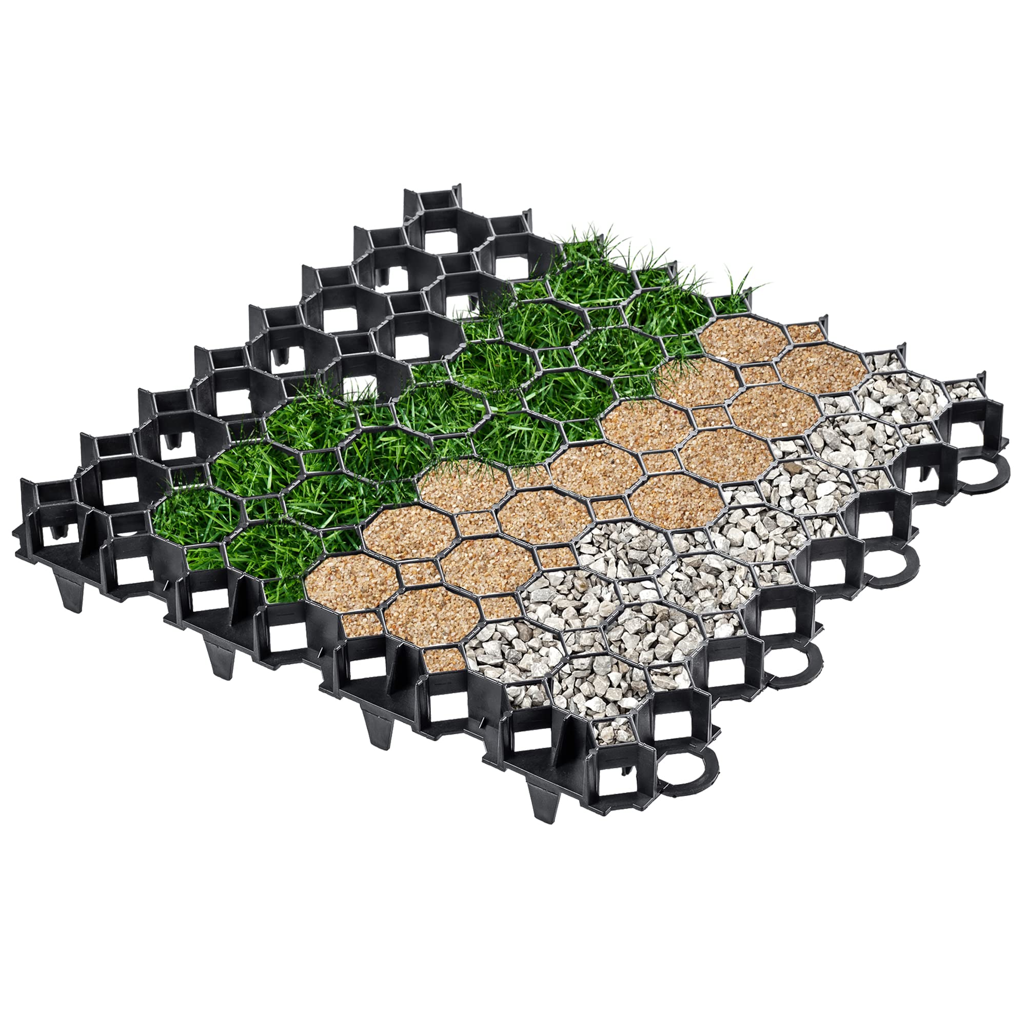 KADAX Rasengitter aus Kunststoff, 50x50cm, 6 m², Rasenschutzgitter, Rasenwaben mit Stellen für Verankerungen, befahrbarer Rasenwaben, Paddockplatte, Rasengitterplatten (Schwarz, Quadratisch, 24 Stück)