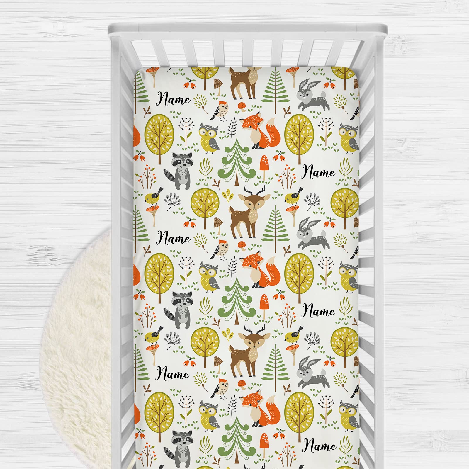 Personalized Fitted Crib Sheet with Name, Custom Baby Crib Sheets for Boys and Girls, Mini Crib Sheets for Standard Crib and Toddler Mattresses, Name Crib Sheets (Woodland Animals)