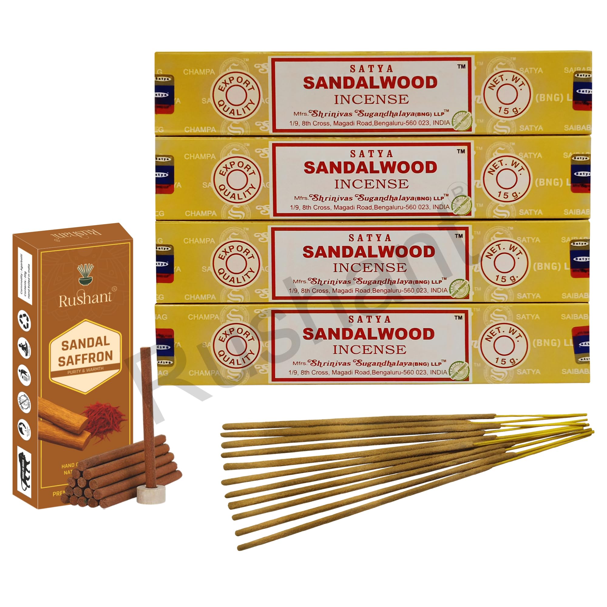 Rushant Sandal Saffron Dhoop Sticks with Satya Sandalwood Incense Sticks – 15g x 4 Packs | Original Satya Agarbatti Combo for Meditation, Yoga, Relaxation, Pooja & Aromatherapy