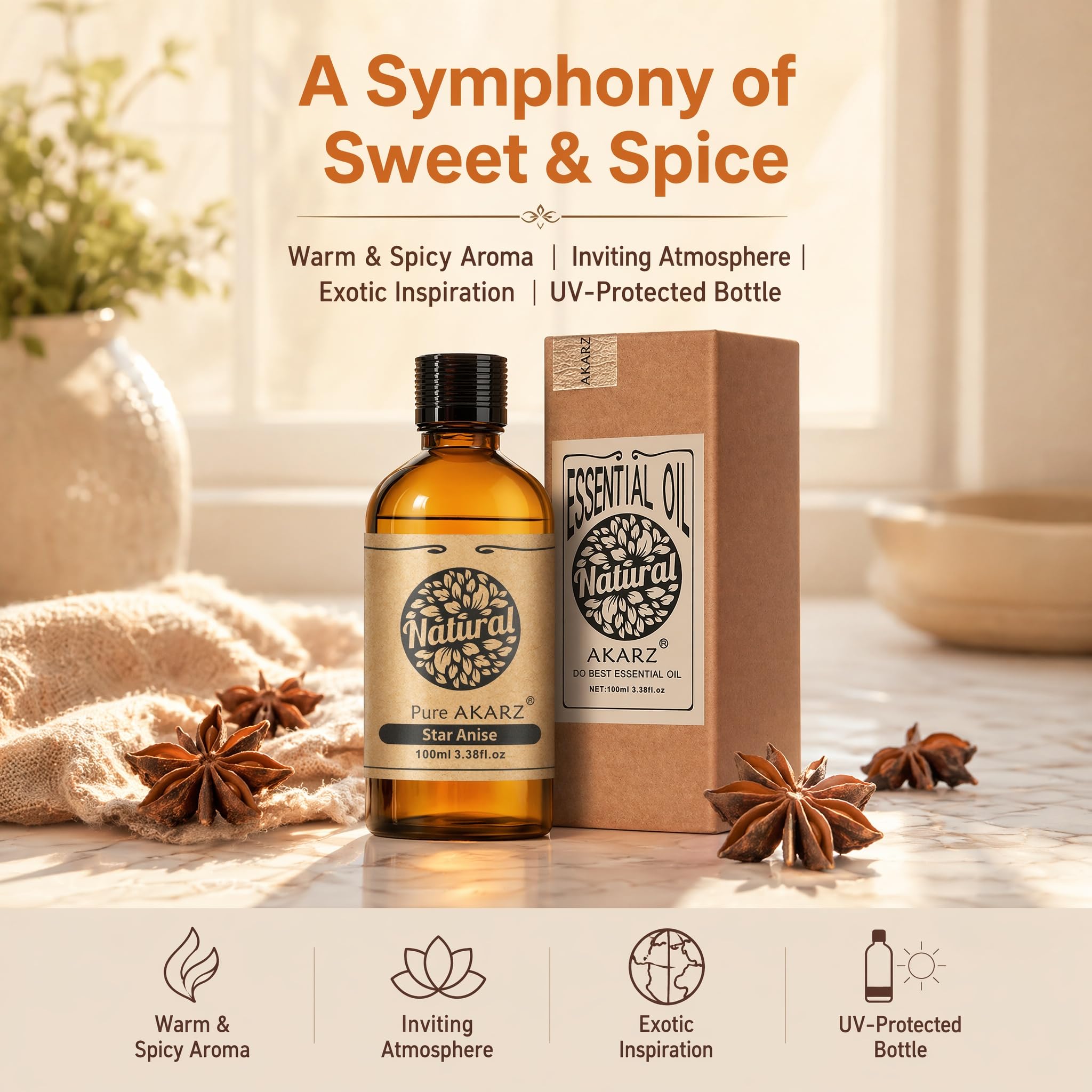 AKARZ 100ml Olejek esencjny z Gwiazdki Anisowej - Naturalny olejek aromatyczny do dyfuzorów, lamp aromatycznych i aromatów pomieszczeń