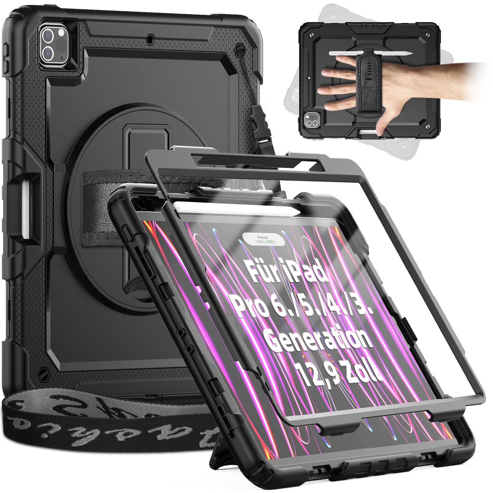 Timecity Hülle für iPad Pro 12.9 Zoll (6./5./4./3. Gen) (2022-2018) | mit Stoßfeste Displayschutz,360° Drehbarem Ständer,Handschlaufe,Schultergurt, Stifthalter,für iPad Pro 12.9 Hülle,Schwarz