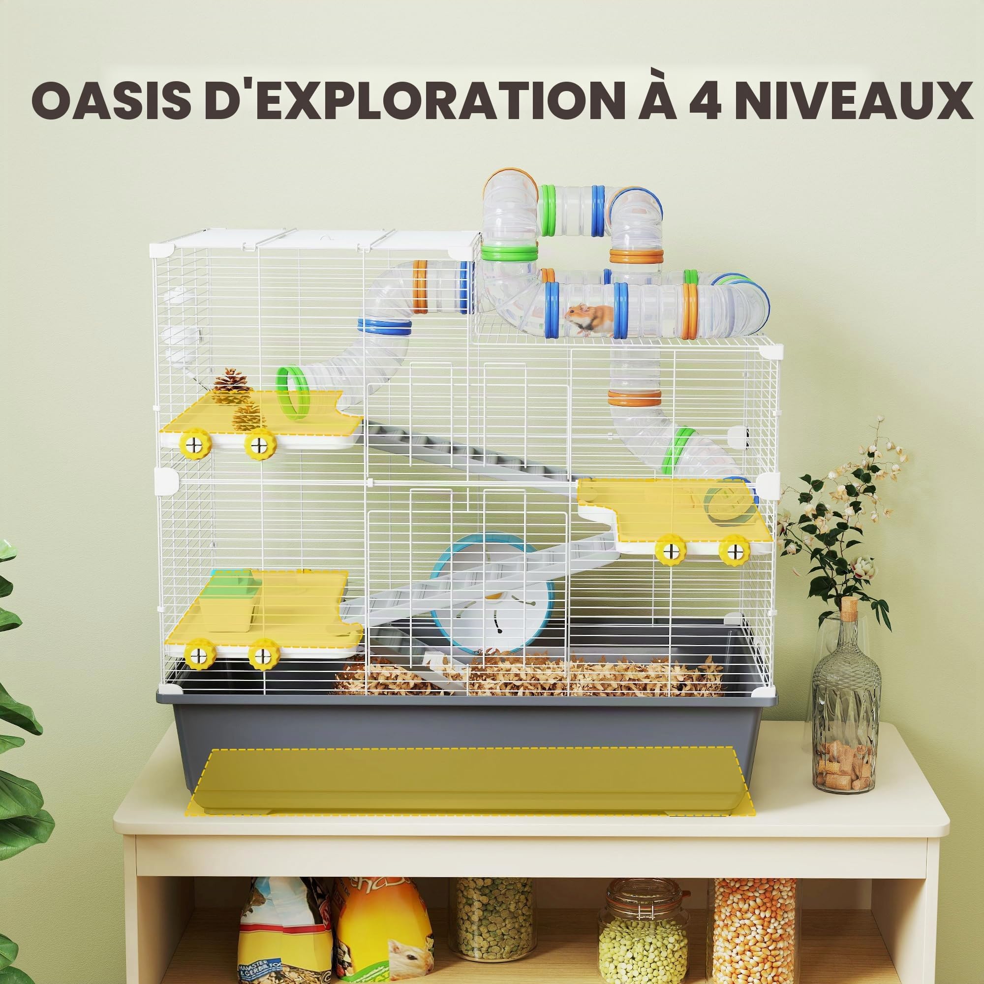 PawHut Cage Hamster 4 Niveaux avec Roue 78x45x73 cm Gris | Cage rongeur, bol nourriture, tunnel, cabane, porte supérieure, pour hamster syrien