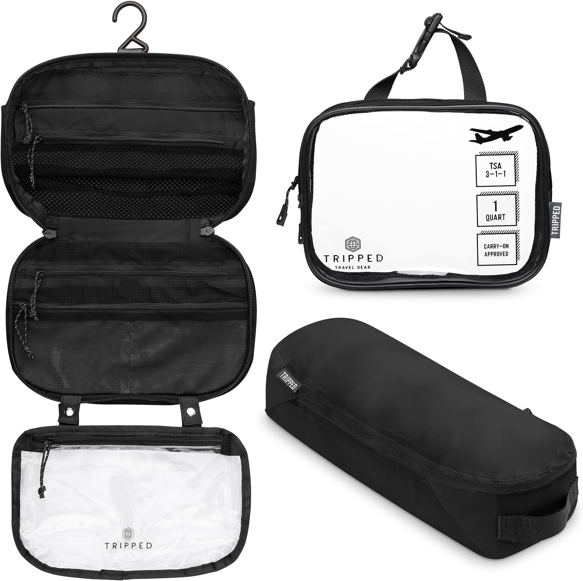 Toiletry Bag Kit Set: Hanging Travel Toiletry Bag + 311 TSA Cosmetic Liquid Bag + Ultralight Accessory Organizer Pouch, Black Ripstop, 3 Piece Toiletry Set