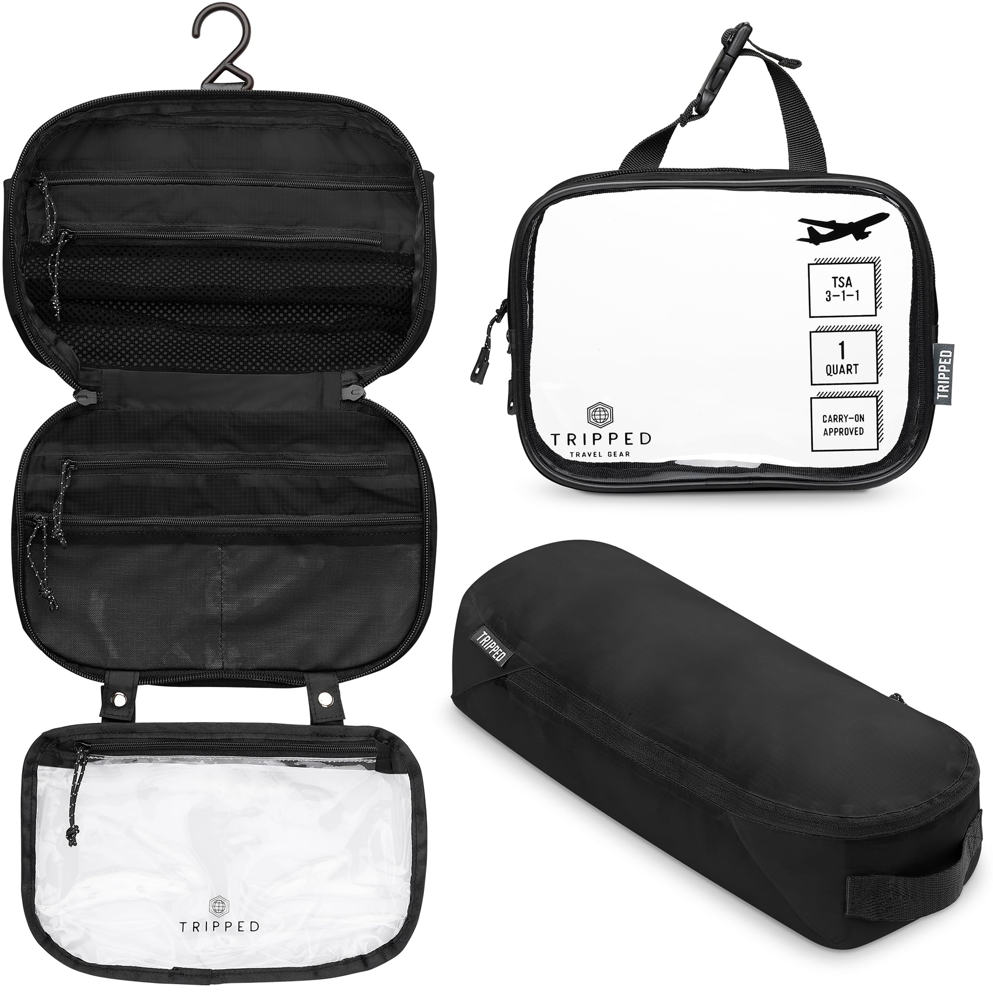 Toiletry Bag Kit Set: Hanging Travel Toiletry Bag + 311 TSA Cosmetic Liquid Bag + Ultralight Accessory Organizer Pouch, Black Ripstop, 3 Piece Toiletry Set