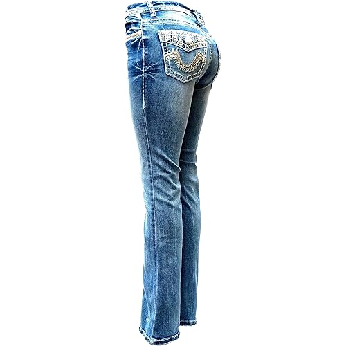 Women's Ripped Bootcut Jeans Mid Rise Flare Bottoms Vintage Distress with Rhinestone Pockets S96-PB