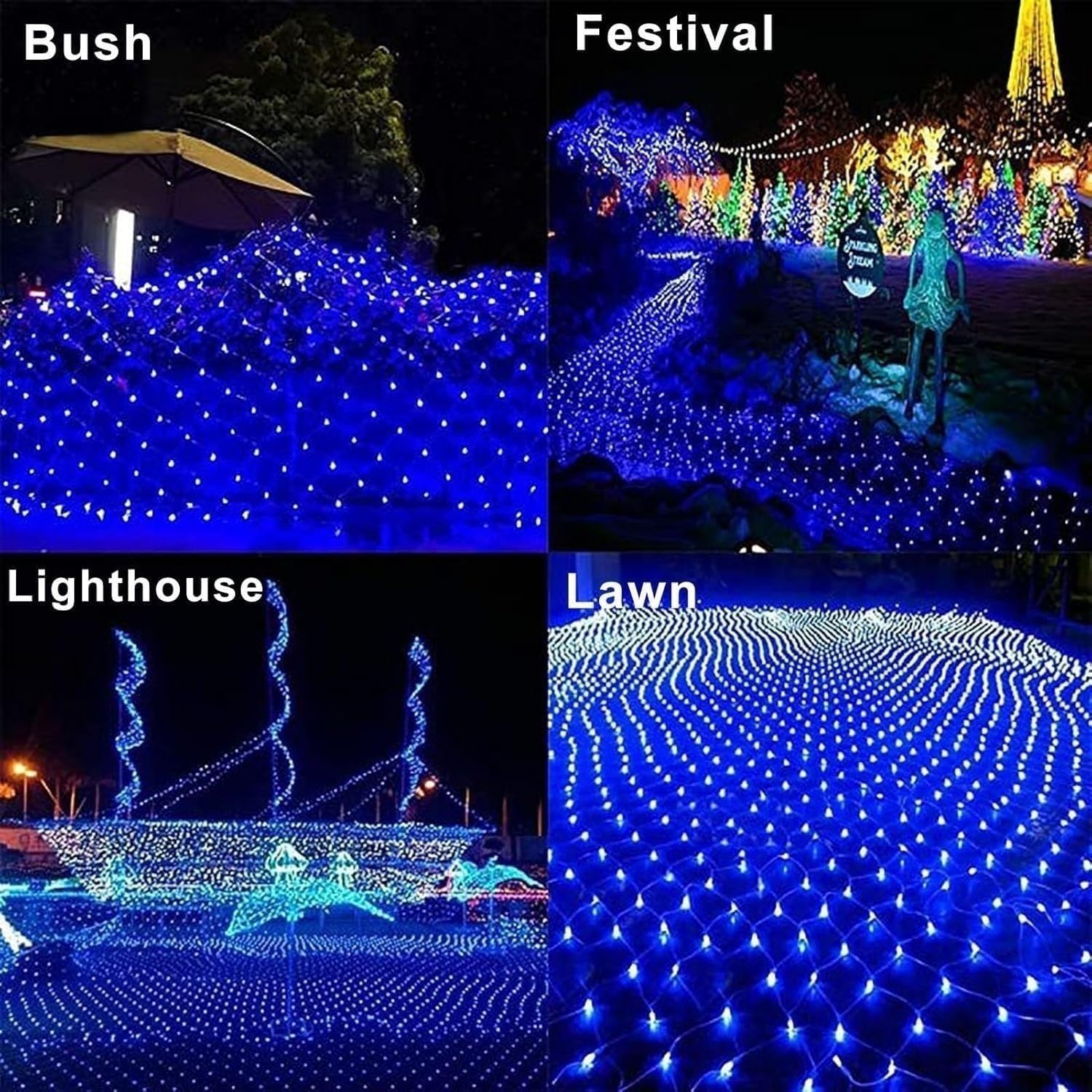 Sznur świetlny LED, choinkowe oświetlenie LED 1,5 x 1,5 m, wodoodporna siatka 96 diod LED, 8 trybów, oświetlenie świąteczne do wnętrz, na zewnątrz, na imprezę świąteczną, do ogrodu(Blue,2mx2m 144led)