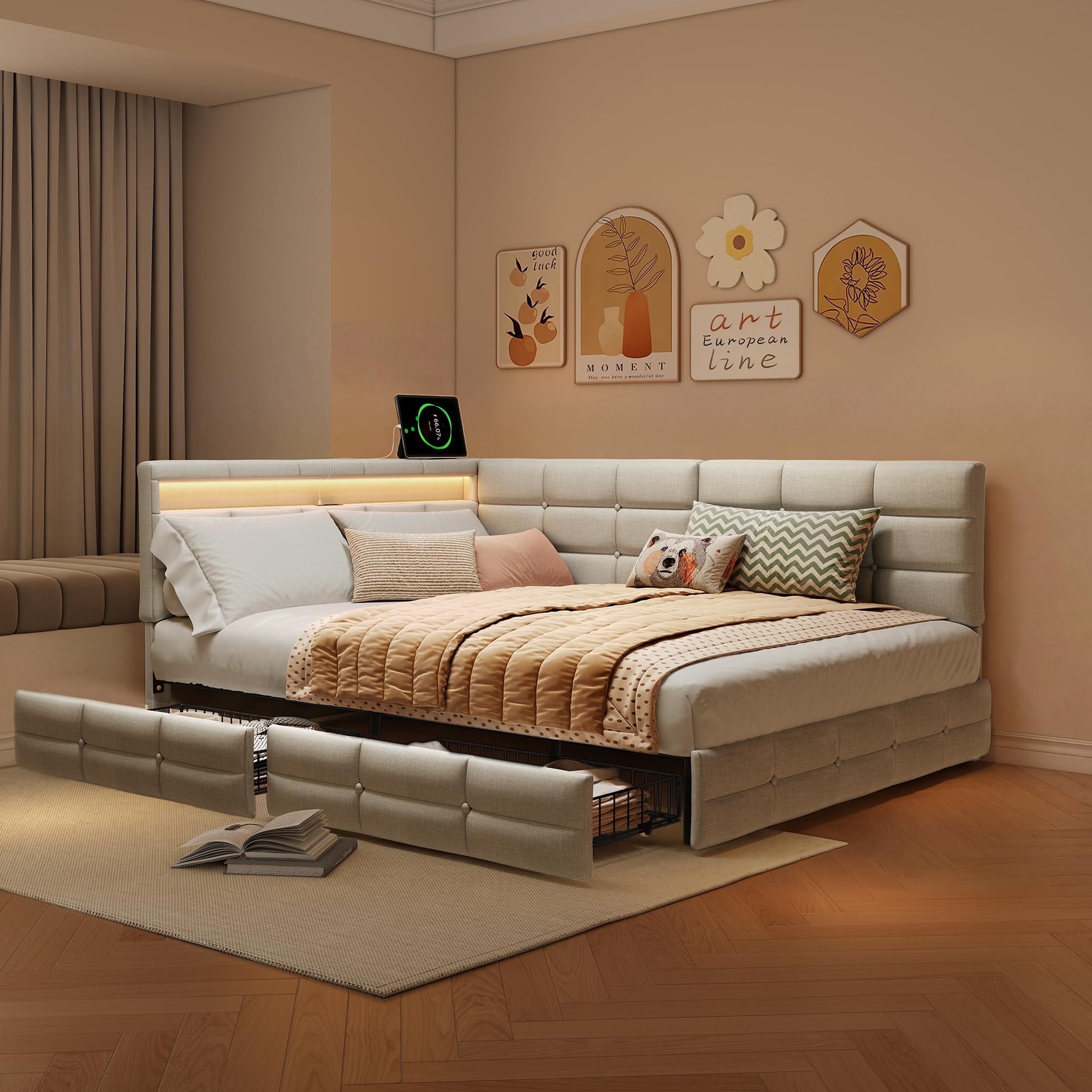 łóżko tapicerowane/sofa 140 x 190 cm, z oświetleniem LED i stacją ładowania USB, łóżko młodzieżowe/tapczan z miejscem do przechowywania i 2 szufladami, łóżko dla gości/rama łóżka ze stelażem