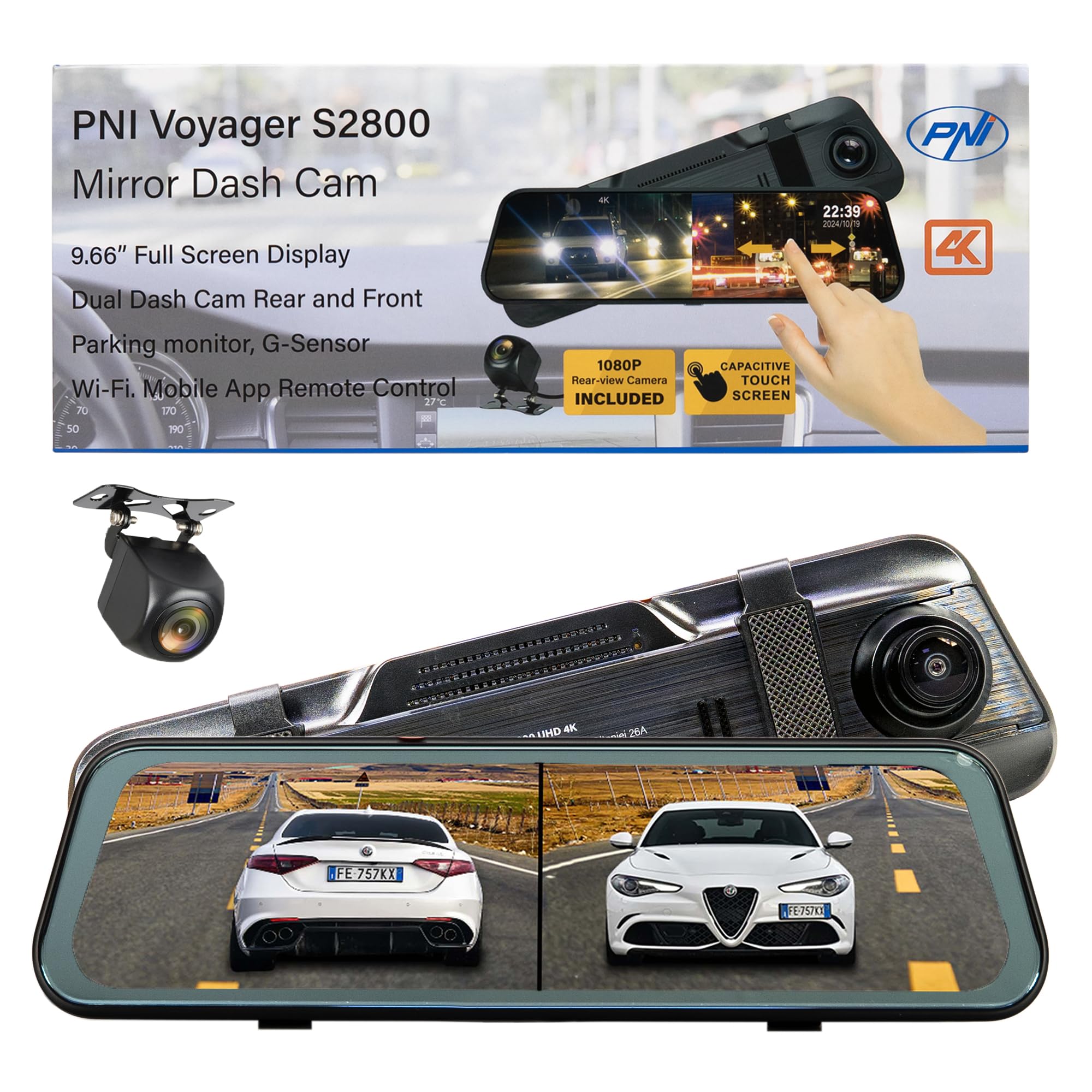 PNI Voyager S2800 UHD 4K 170° kamera samochodowa DVR zintegrowana z lusterkiem wstecznym, ekran dotykowy IPS, monitorowanie parkowania, czujnik G, gniazdo kart micro SD, USB-C, funkcja GPS, Wi-Fi,