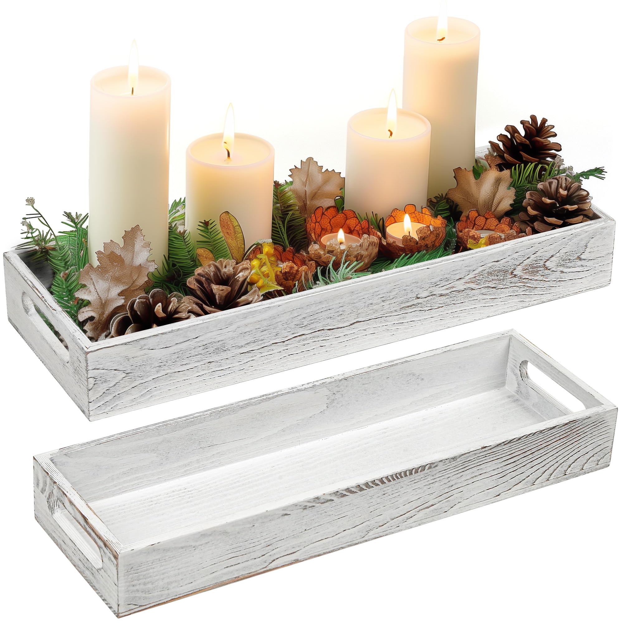 LotFancy Wooden Decorative Tray, Set of 2, Rustic Centerpiece Tray for ...