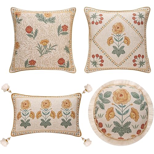 patdrea Designer Pack of 4 Throw Pillow Covers,Beige Vintage French Soft Linen Pillows Cover with Daisy Floral Pattern,Vintage Square Farmhouse Decorative Pillowcase for Couch,Bed,Living Room