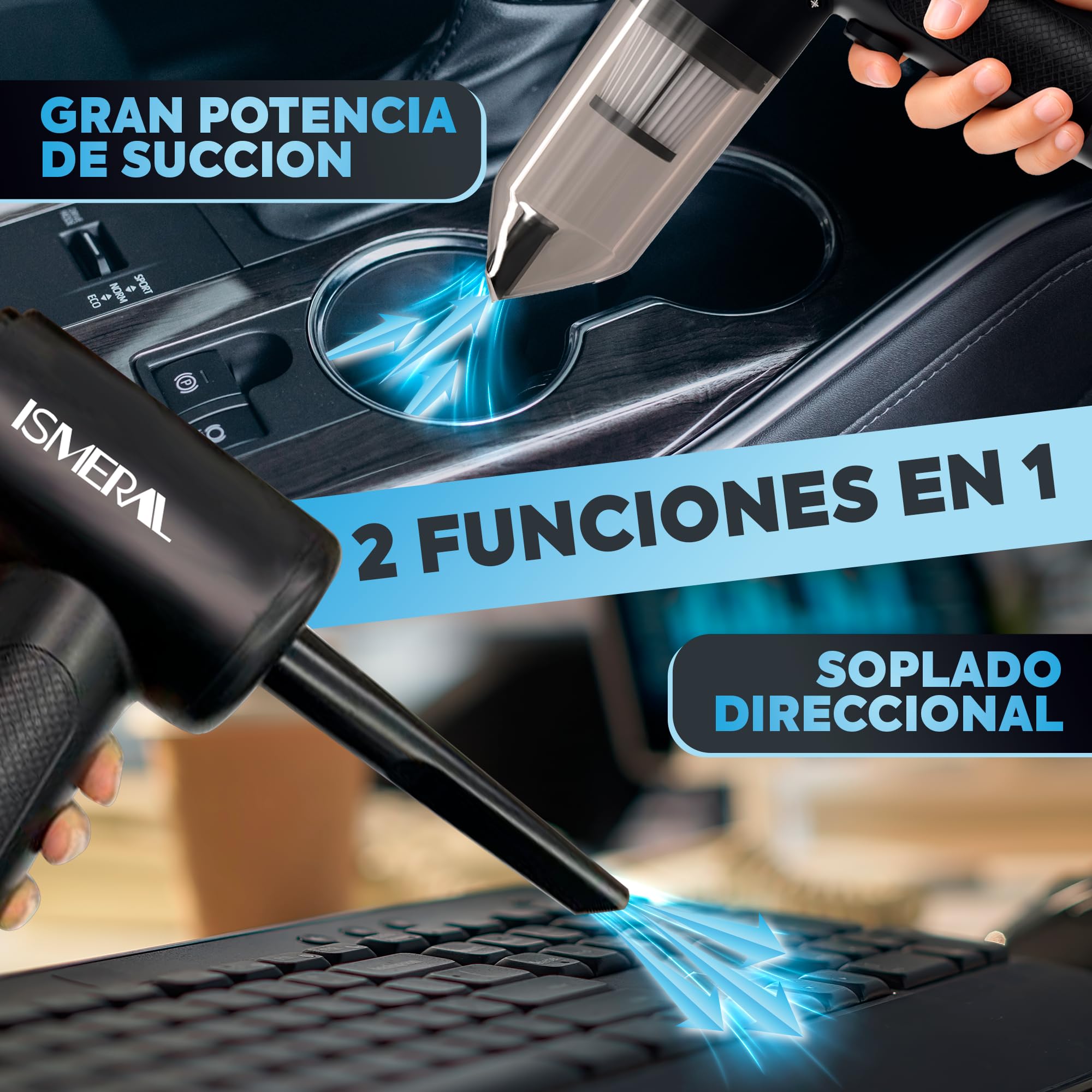 SUPER Aspirador de Mano, 26000Pa , 2 en 1 Soplador- Aspirador coche + 7 boquillas Aspiradora de Mano sin Cable , para Coche Oficina Hogar Cocina Pelo de Mascota, aspirador coche potente recargable