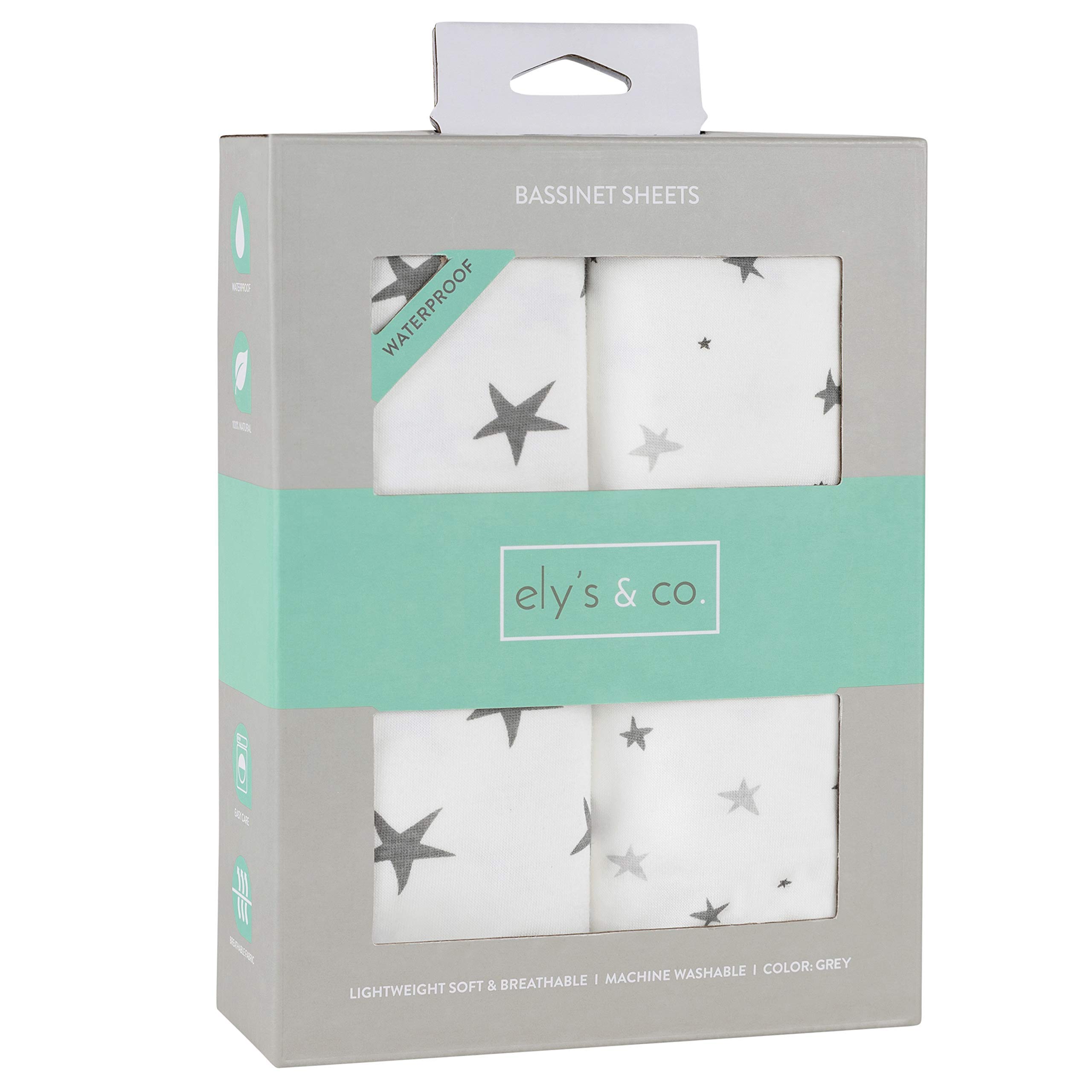 Ely’s & Co. Patent Pending Waterproof Bassinet 2-Pack Set for Baby Boy - 100% Cotton, Jersey Knit Cotton Sheets with Waterproof Lining — Grey Stars