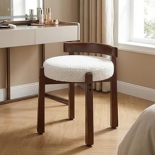 DUOMAY Modern Boucle Vanity Stool, Upholstered Low Back Ottoman with Solid Wood Legs Cute Round Footrest Makeup Stool Dressing Seat for Living Room Bedroom, White