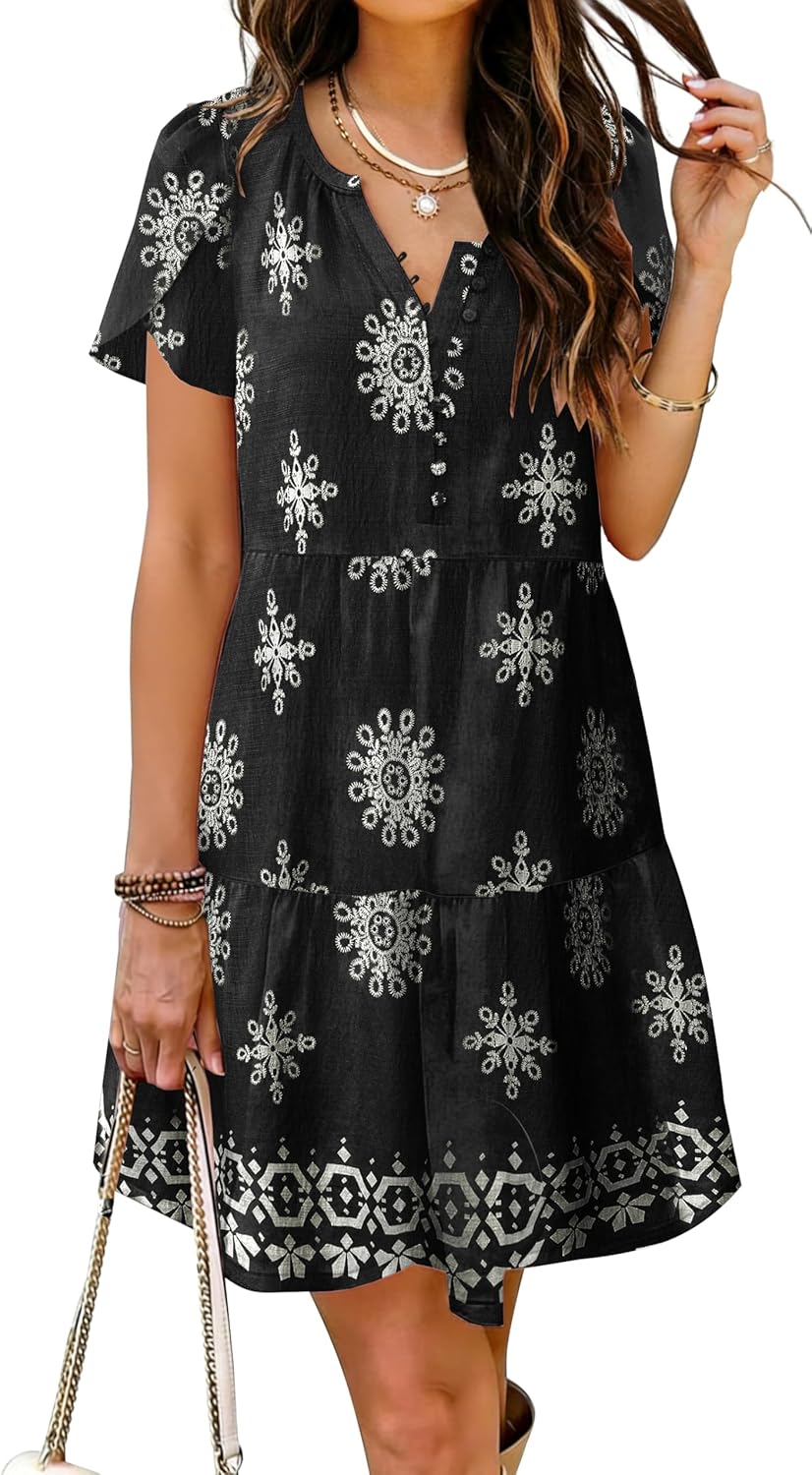 SAUKOLE Womens Summer Dress Petal Sleeve V Neck Button Down Dresses Casual Loose Flowy Tiered Sundress