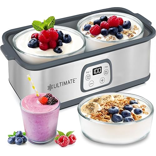 Ultimate Probiotic Yogurt Maker with Adjustable Time & Temp Control - Make Trillions of Live Probiotics with Two 1-Quart Containers for Larger Batches - Greek Yogurt Maker - ULTIMATE LIFETIME WARRANTY