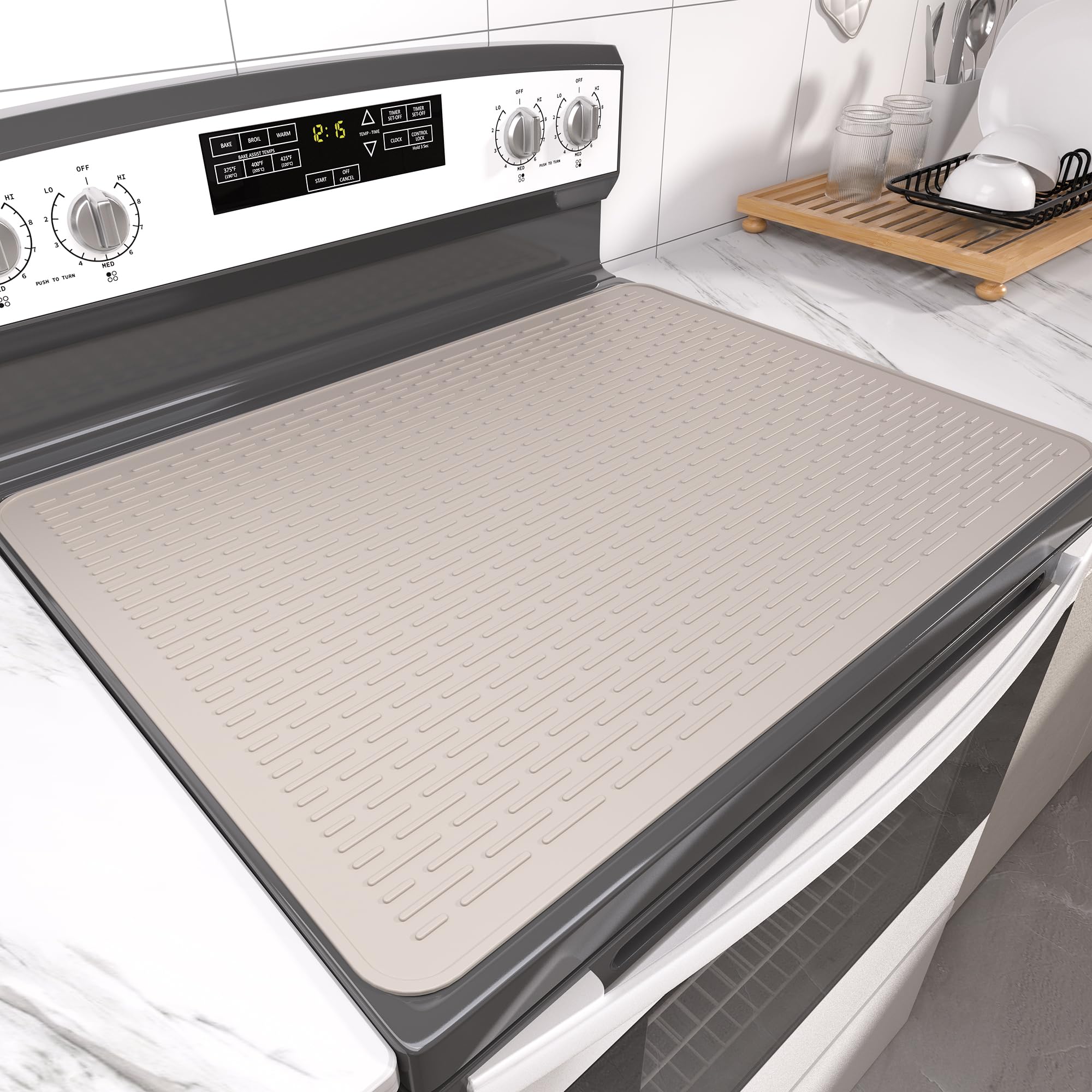 Stove Top Cover for Electric Stove- Range Covers for Electric Stove,Silicone XXL Dish Drying Mat, Glass Cooktop Covers, Flat RV Range top Mats (Taupe, 30"x21")